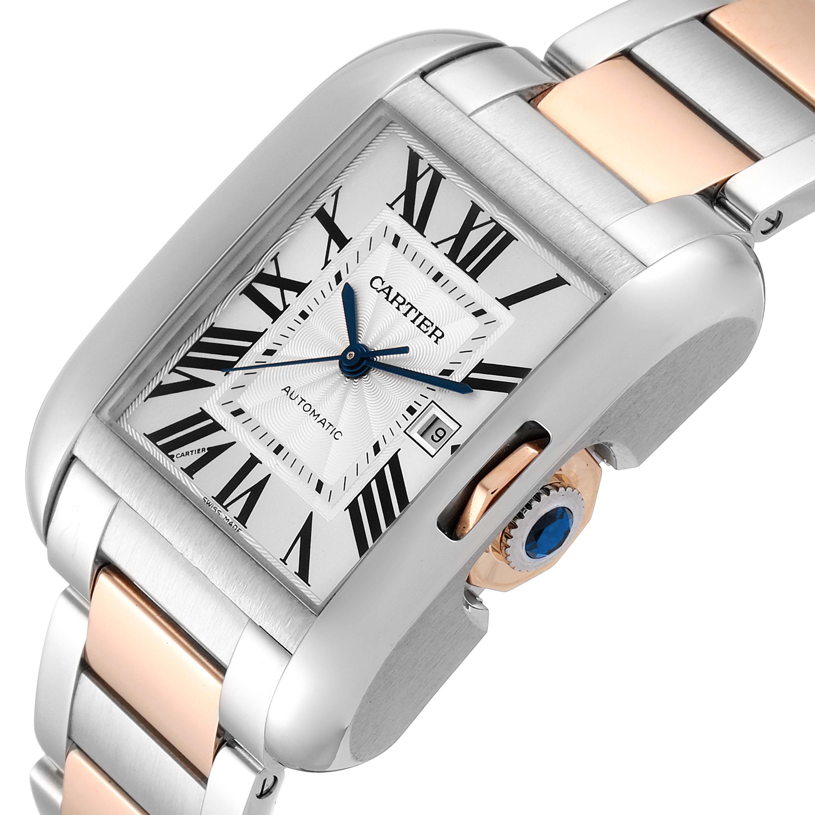 The Cartier Tank Anglaise W5310007 Women
s Steel and Gold (two tone) Silver Dial W5310007 Women
s Steel and Gold (two tone) Silver Dial model is shown at an angled close-up, highlighting the dial, crown, and part of the bracelet.