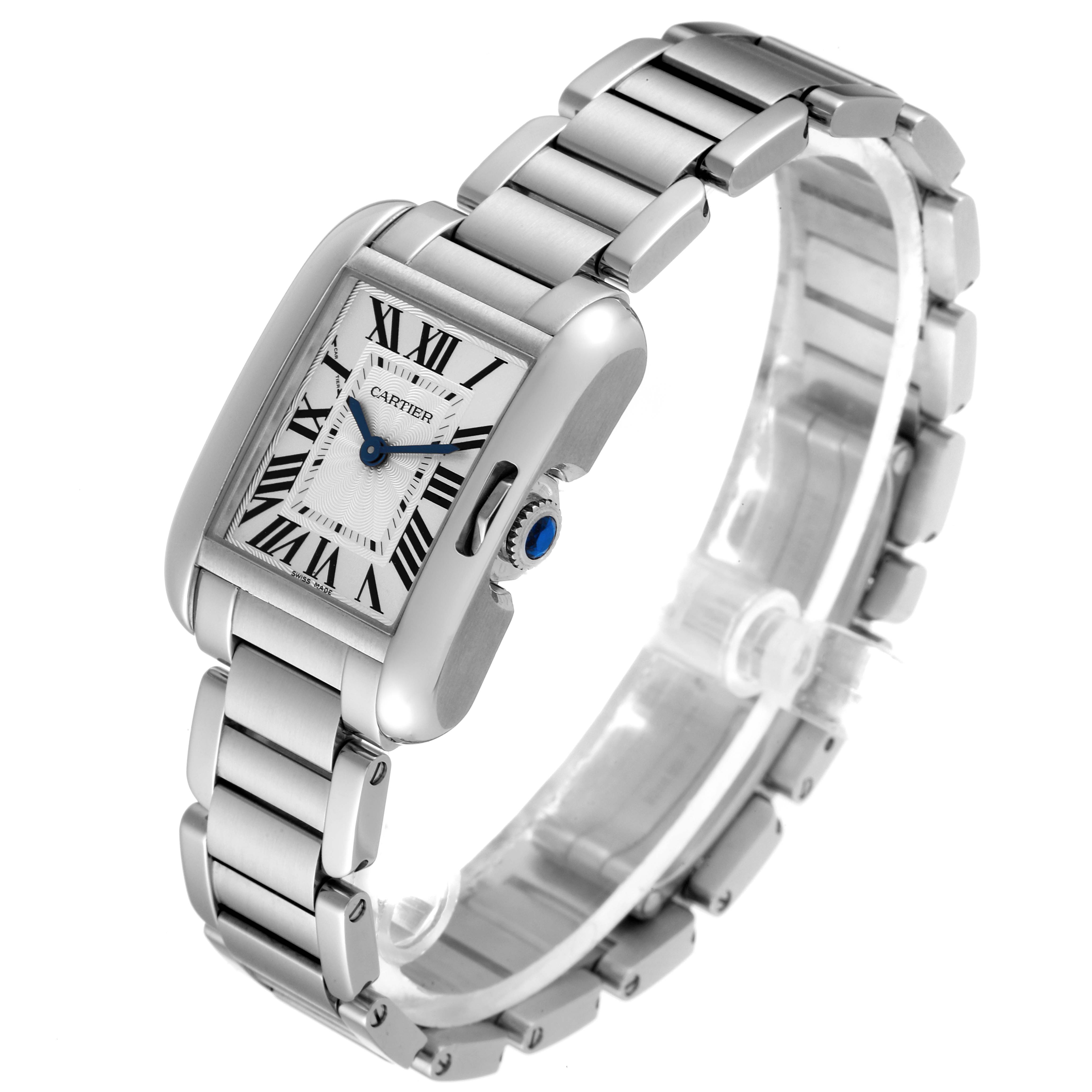 The Cartier Tank Anglaise W5310022 Women's Stainless Steel Silver Dial W5310022 Women's Stainless Steel Silver Dial watch is shown from an angled top view, highlighting the watch face, crown, and bracelet.