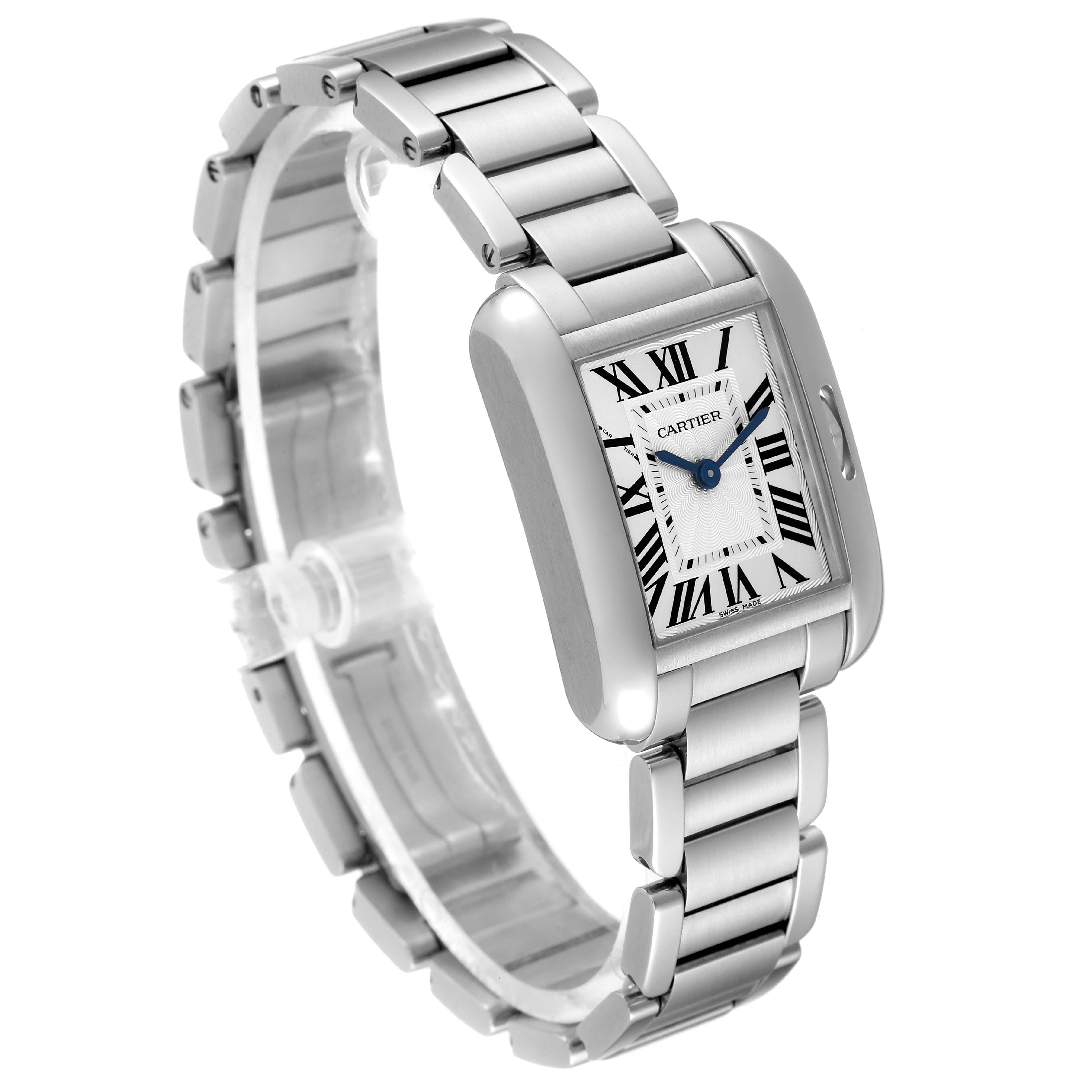 The image shows a Cartier Tank Anglaise W5310022 Women's Stainless Steel Silver Dial W5310022 Women's Stainless Steel Silver Dial watch at a slight angle, highlighting its rectangular face and metal bracelet.