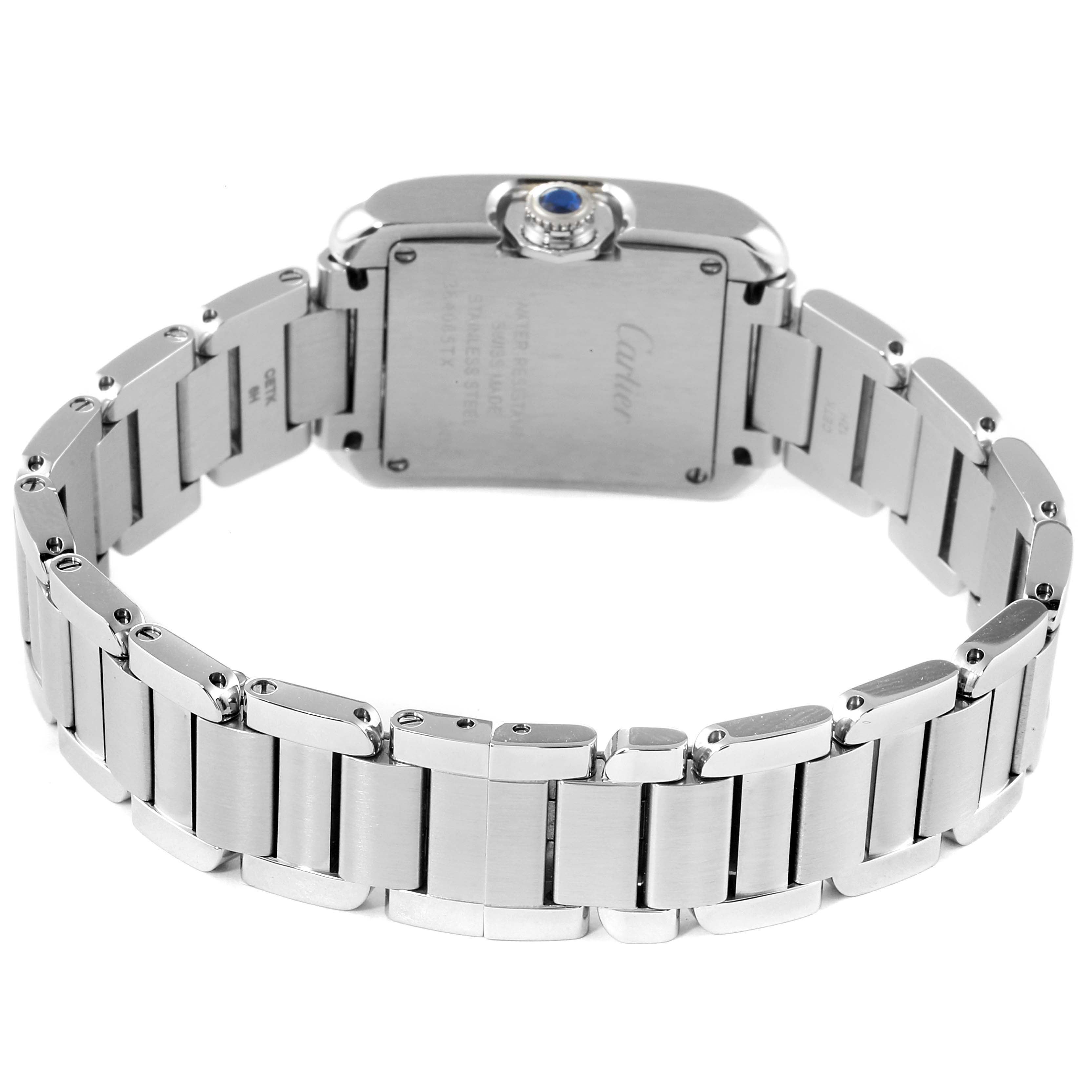 The image shows the back and bracelet of a Cartier Tank Anglaise W5310022 Women's Stainless Steel Silver Dial W5310022 Women's Stainless Steel Silver Dial watch, highlighting its metal links and case back.