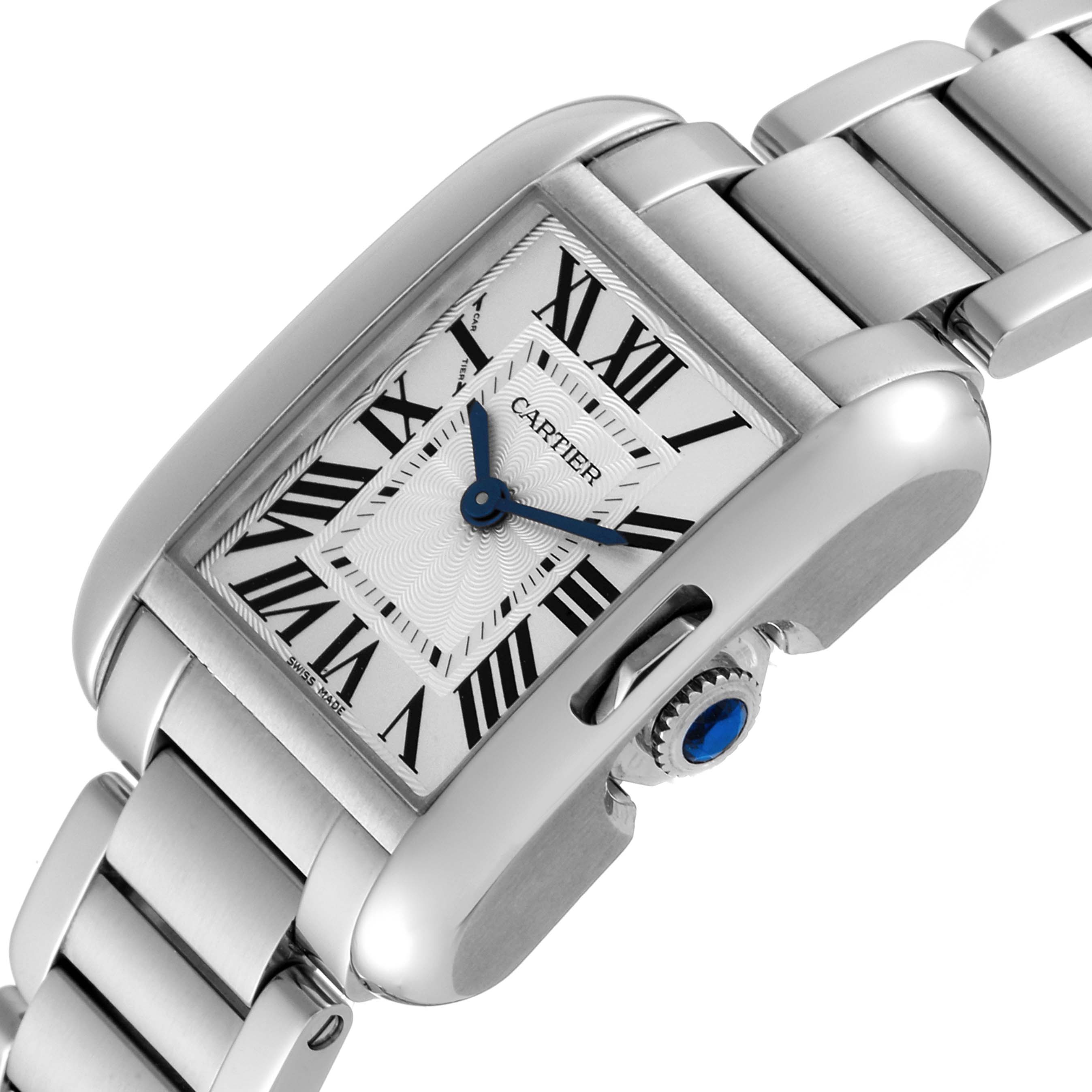 The image shows a close-up angle of the Cartier Tank Anglaise W5310022 Women's Stainless Steel Silver Dial W5310022 Women's Stainless Steel Silver Dial watch, highlighting the face, crown, and part of the bracelet.