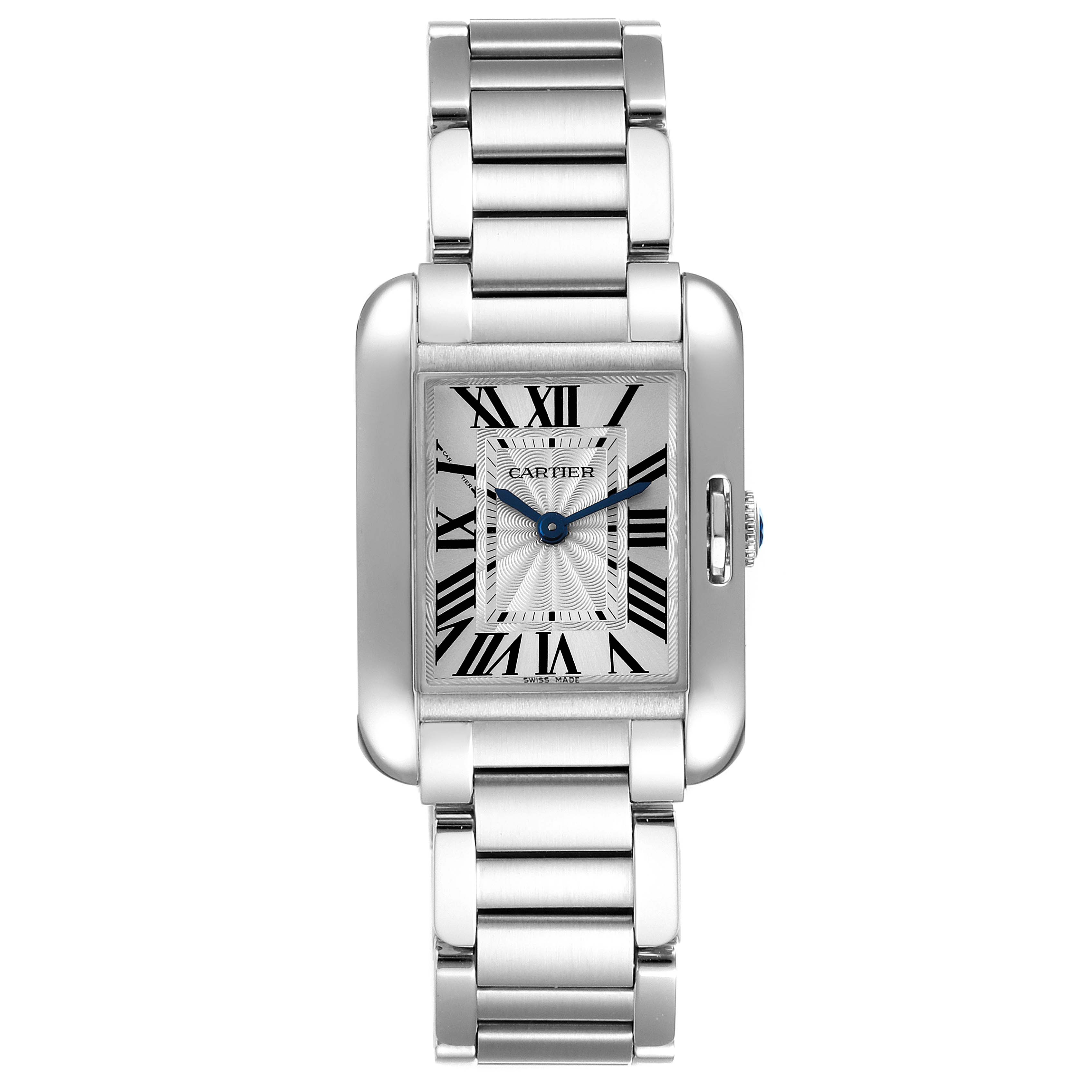 The image shows a front view of the Cartier Tank Anglaise W5310022 Women's Stainless Steel Silver Dial W5310022 Women's Stainless Steel Silver Dial watch, displaying its face, bracelet, and crown.