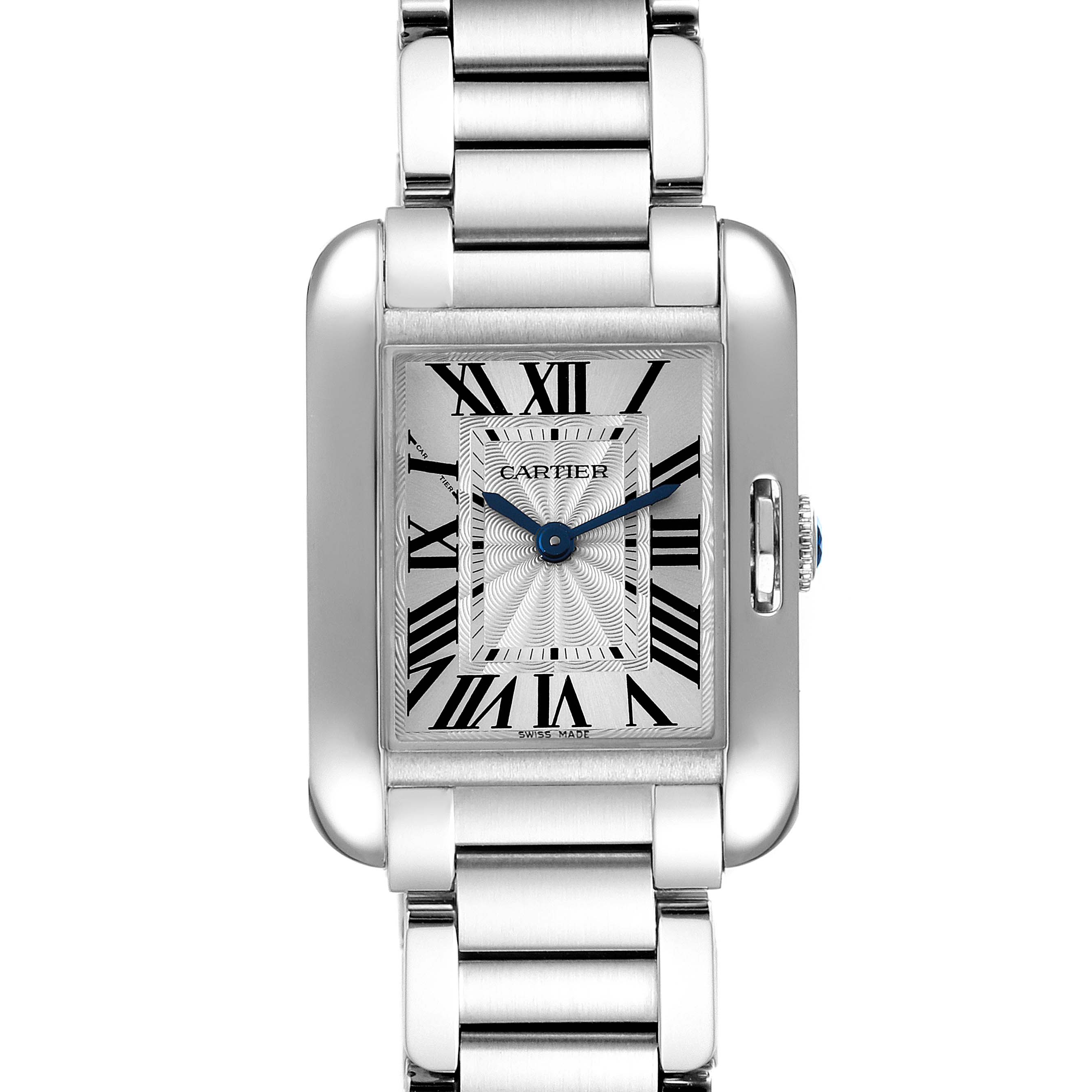 The Cartier Tank Anglaise W5310022 Women's Stainless Steel Silver Dial W5310022 Women's Stainless Steel Silver Dial watch is shown from a front angle, displaying the face, dial, and bracelet.