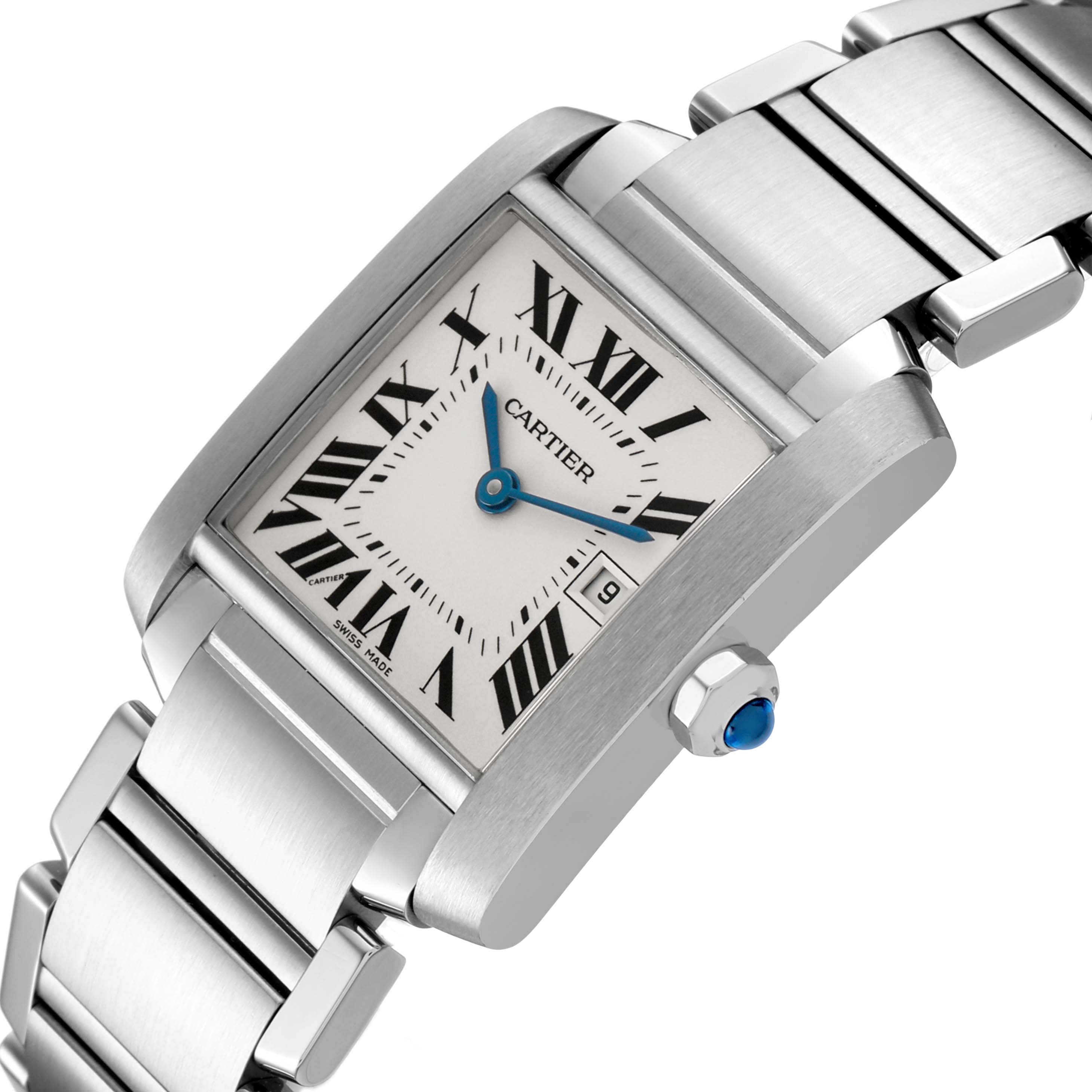 The Cartier Tank Francaise W51011Q3 Women's Stainless Steel Silver Dial is shown at an angled view highlighting the face, Roman numerals, blue hands, and stainless steel strap.
