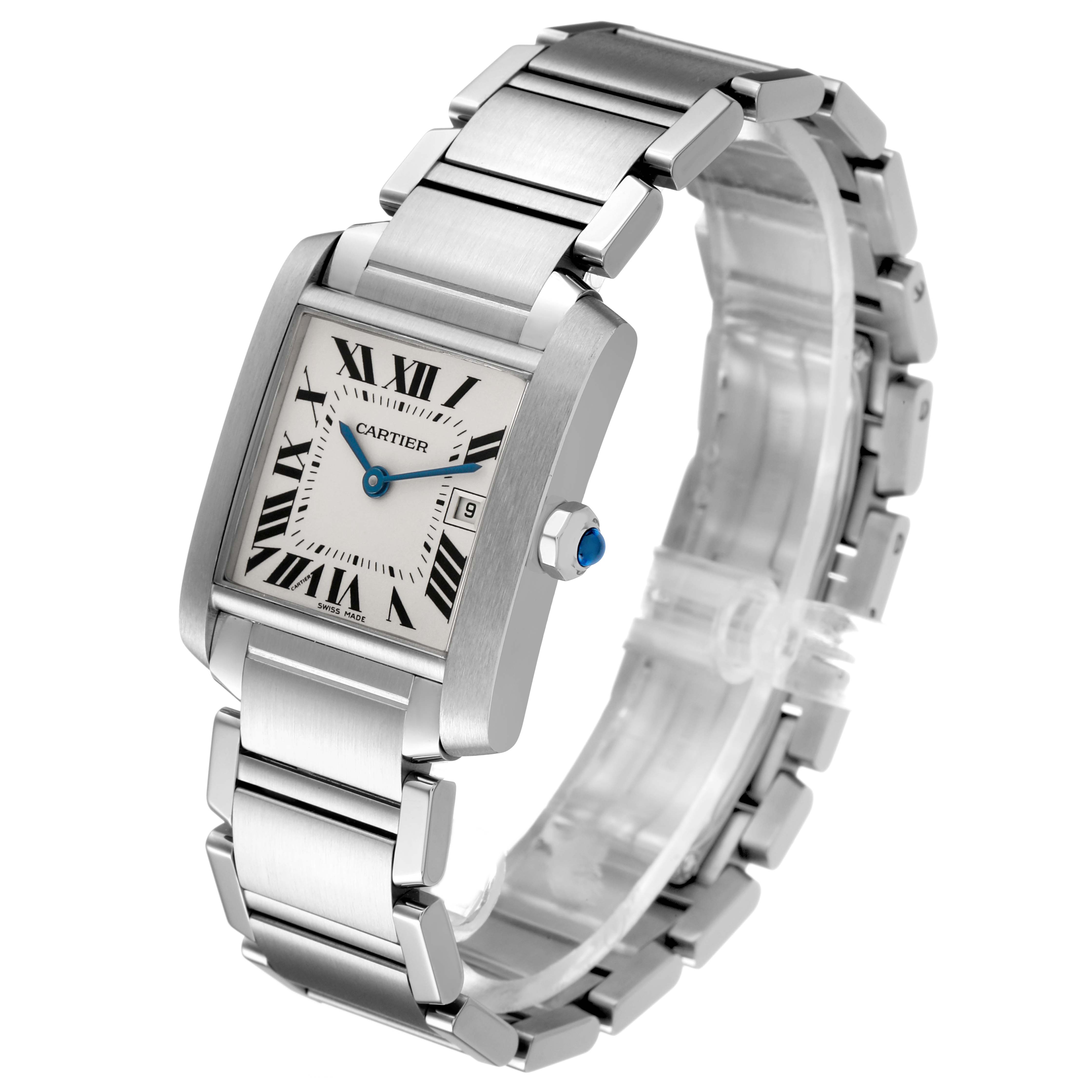 The Cartier Tank Française watch is shown at a slight angle, highlighting its rectangular case, Roman numerals, and metal bracelet.
