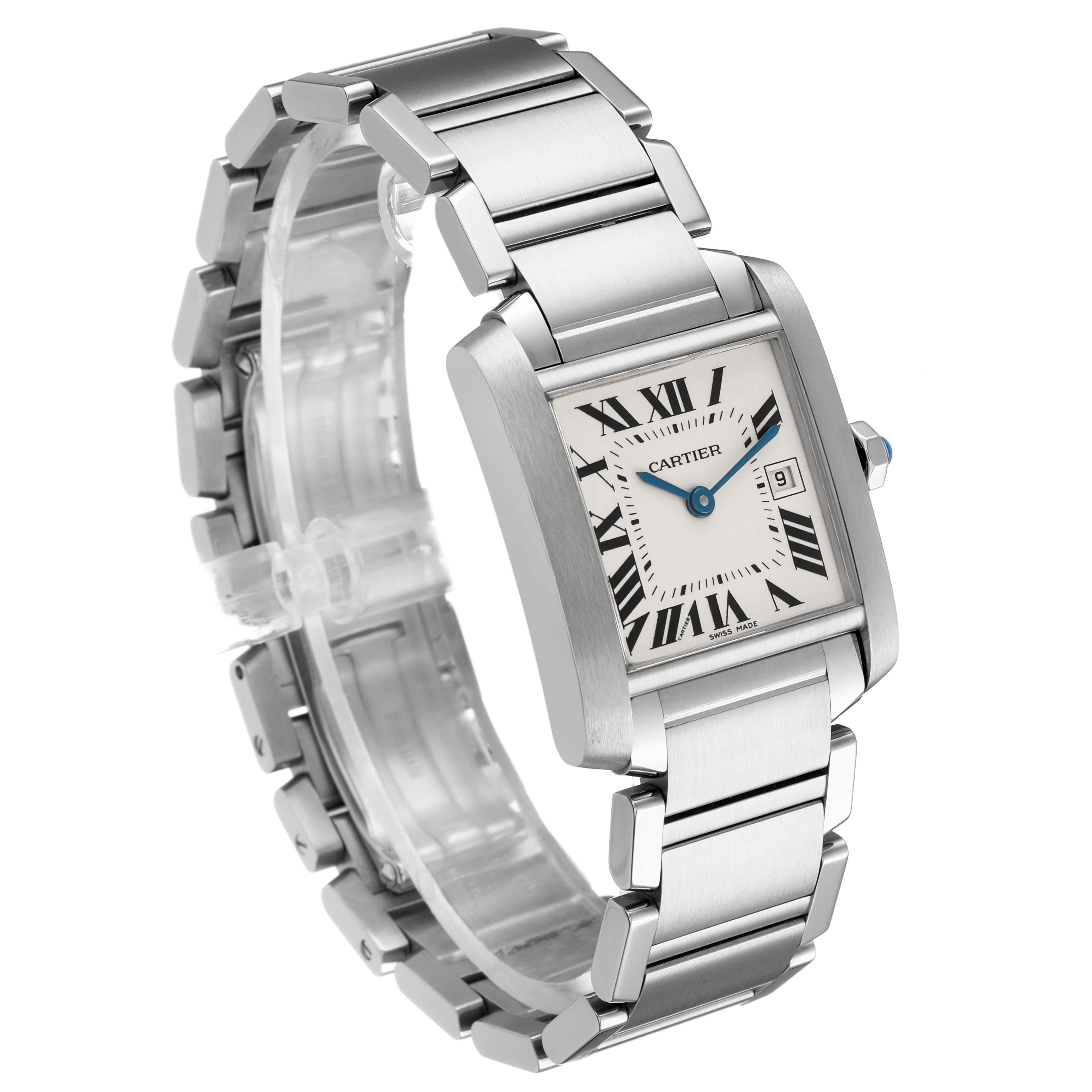 The Cartier Tank Française watch is shown at a three-quarter angle, highlighting the face, blue hands, bracelet, and date window.