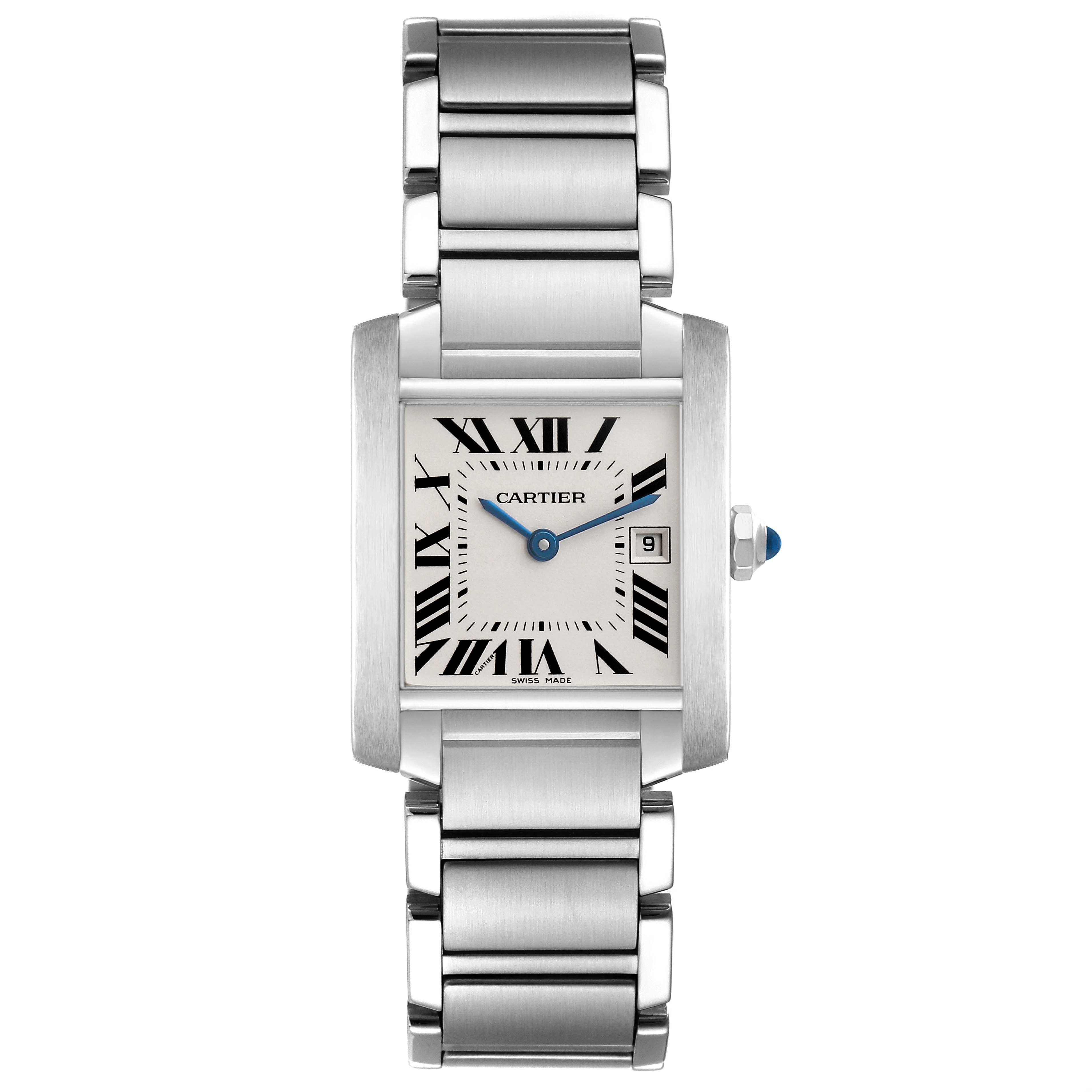 The Cartier Tank Française watch is shown from a front angle, highlighting the face, Roman numerals, and metal bracelet.