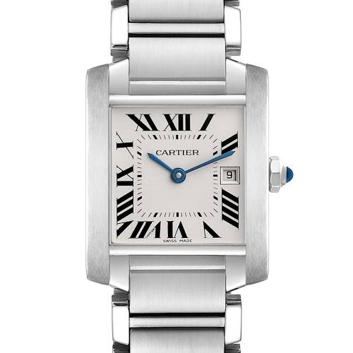 The image shows a frontal view of the Cartier Tank Francaise W51011Q3 Women's Stainless Steel Silver Dial watch, displaying its face, bracelet, and crown.