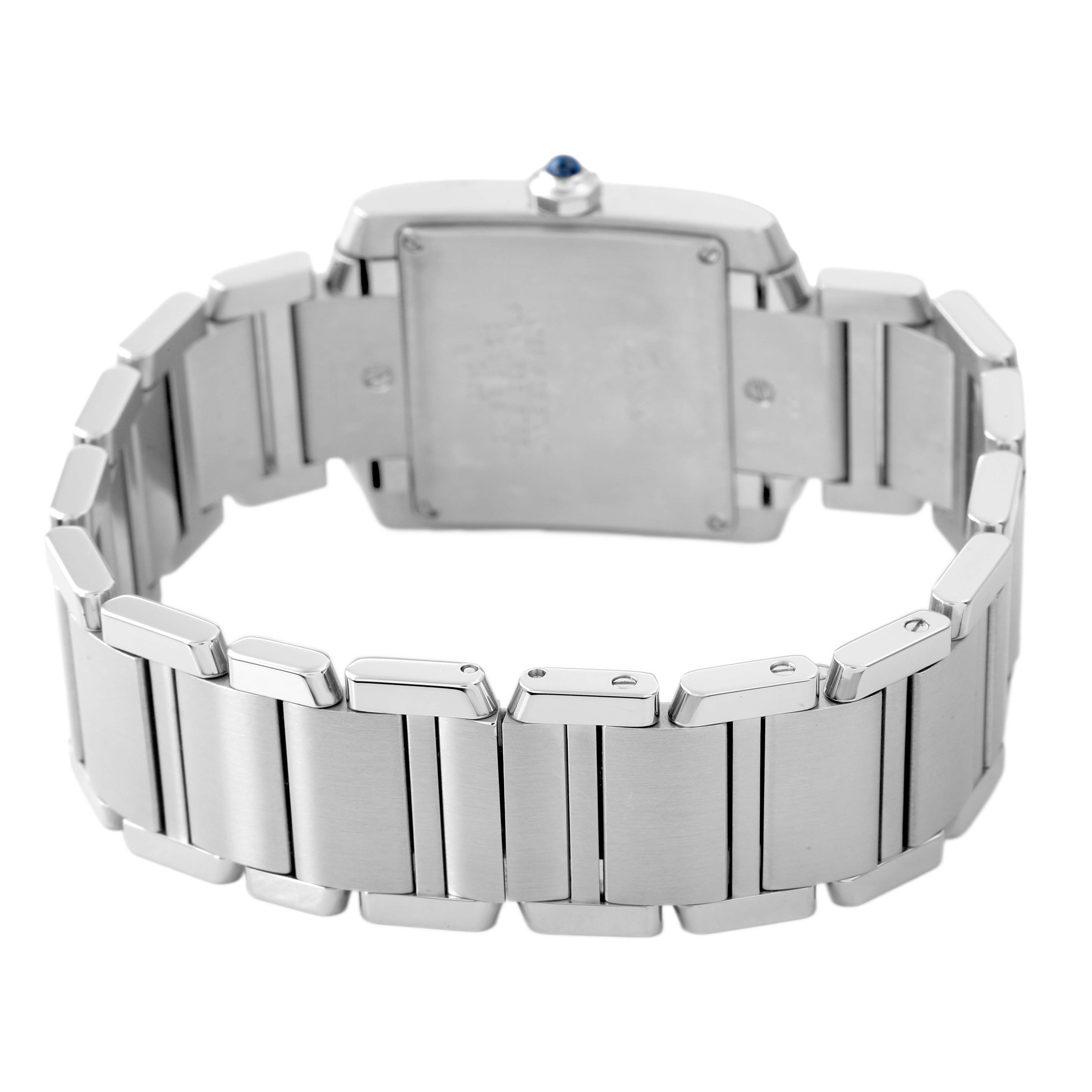 The image shows the back and bracelet of the Cartier Tank Française watch at a rear angle, highlighting its clasp and links.