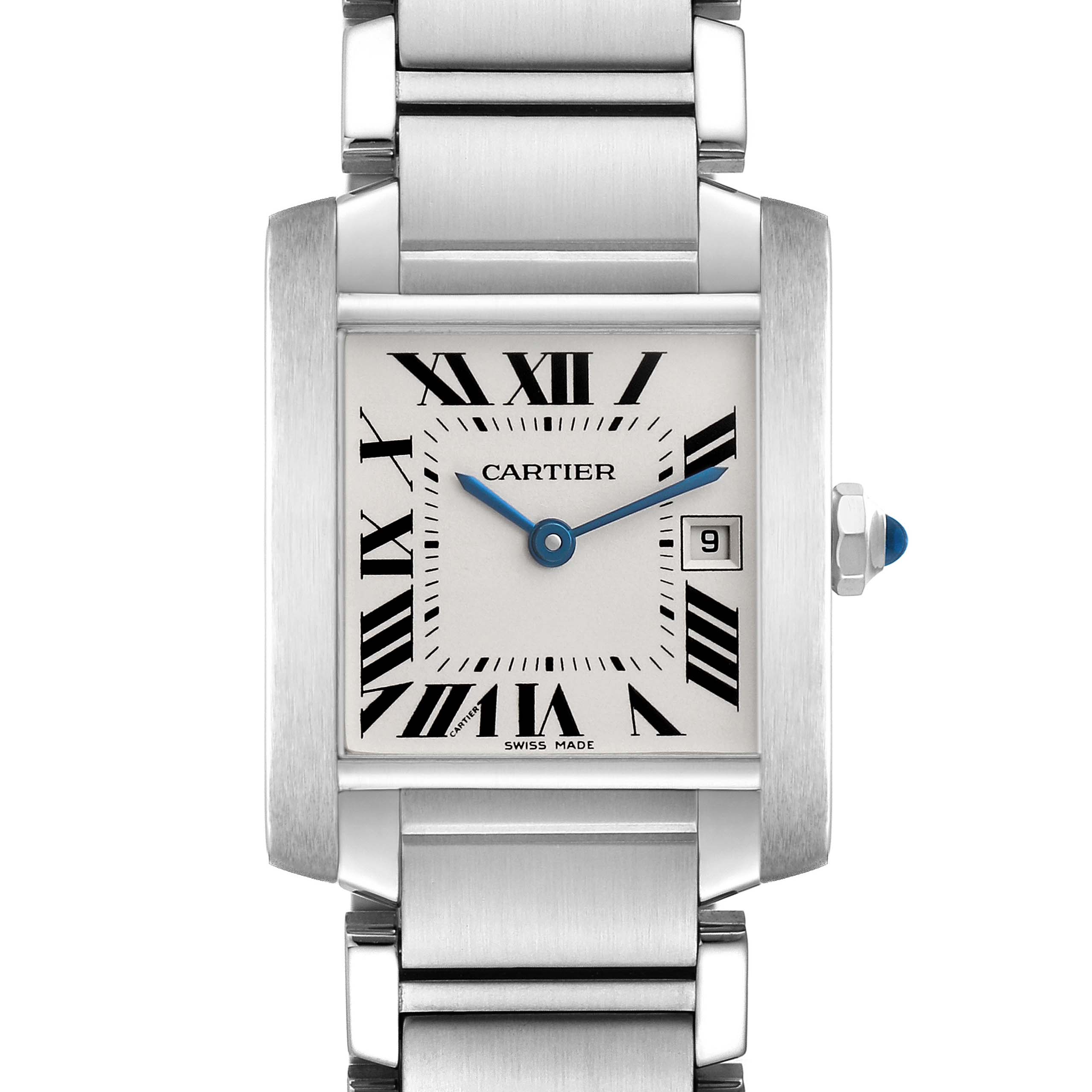 The Cartier Tank Francaise W51011Q3 Women's Stainless Steel Silver Dial watch is shown from a front angle, highlighting its square face, Roman numerals, and metal bracelet.