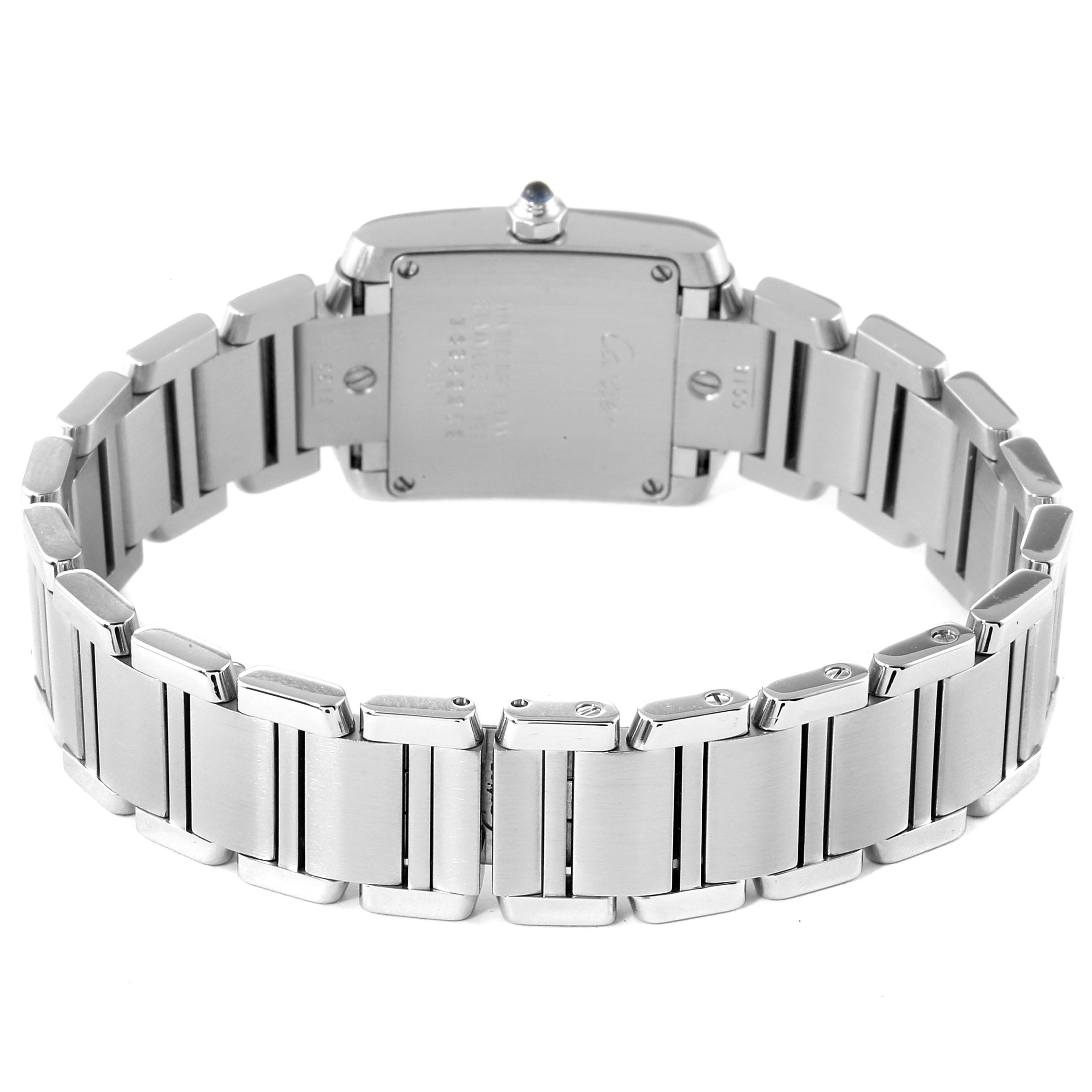 The image shows the back view of a Cartier Tank Francaise W51008Q3 Women
s Stainless Steel Silver Dial W51008Q3 Women
s Stainless Steel Silver Dial watch, highlighting its stainless steel bracelet and case back.