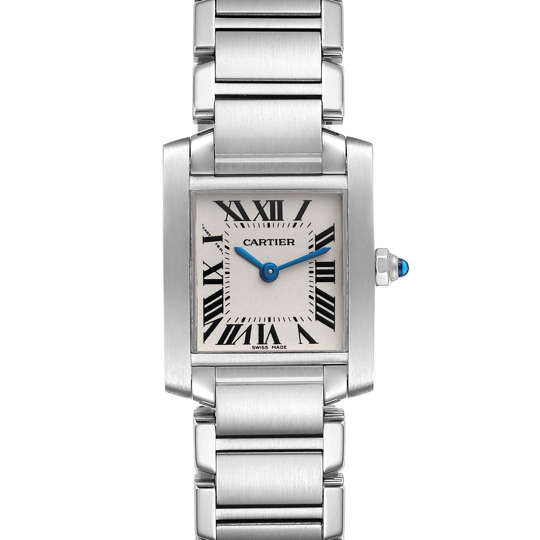 The Cartier Tank Francaise W51008Q3 Women
s Stainless Steel Silver Dial W51008Q3 Women
s Stainless Steel Silver Dial watch is shown from a front view, displaying its rectangular face, Roman numerals, and metal bracelet.