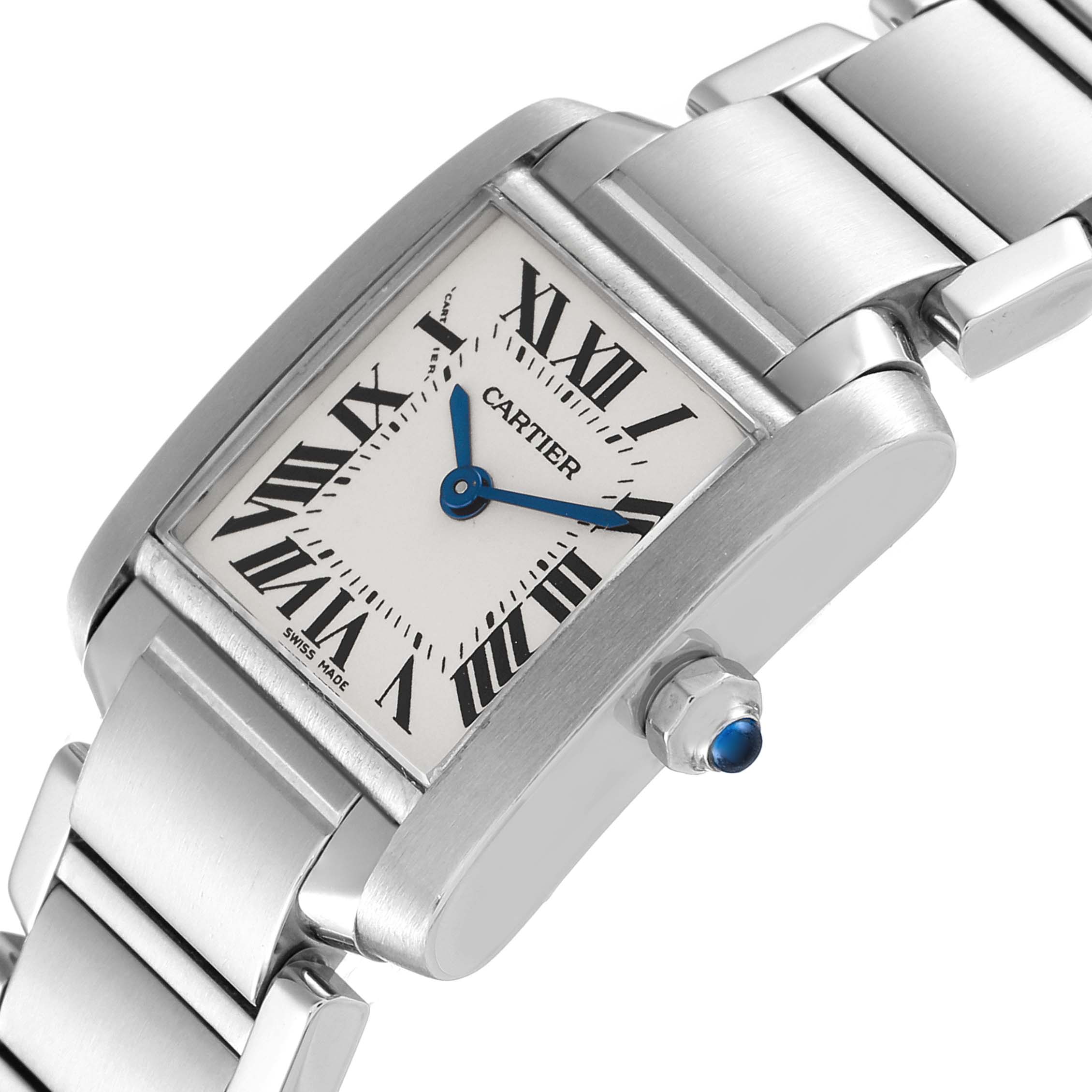 The image shows a close-up angled view of a Cartier Tank Française watch, highlighting its dial, blue hands, and metal bracelet.