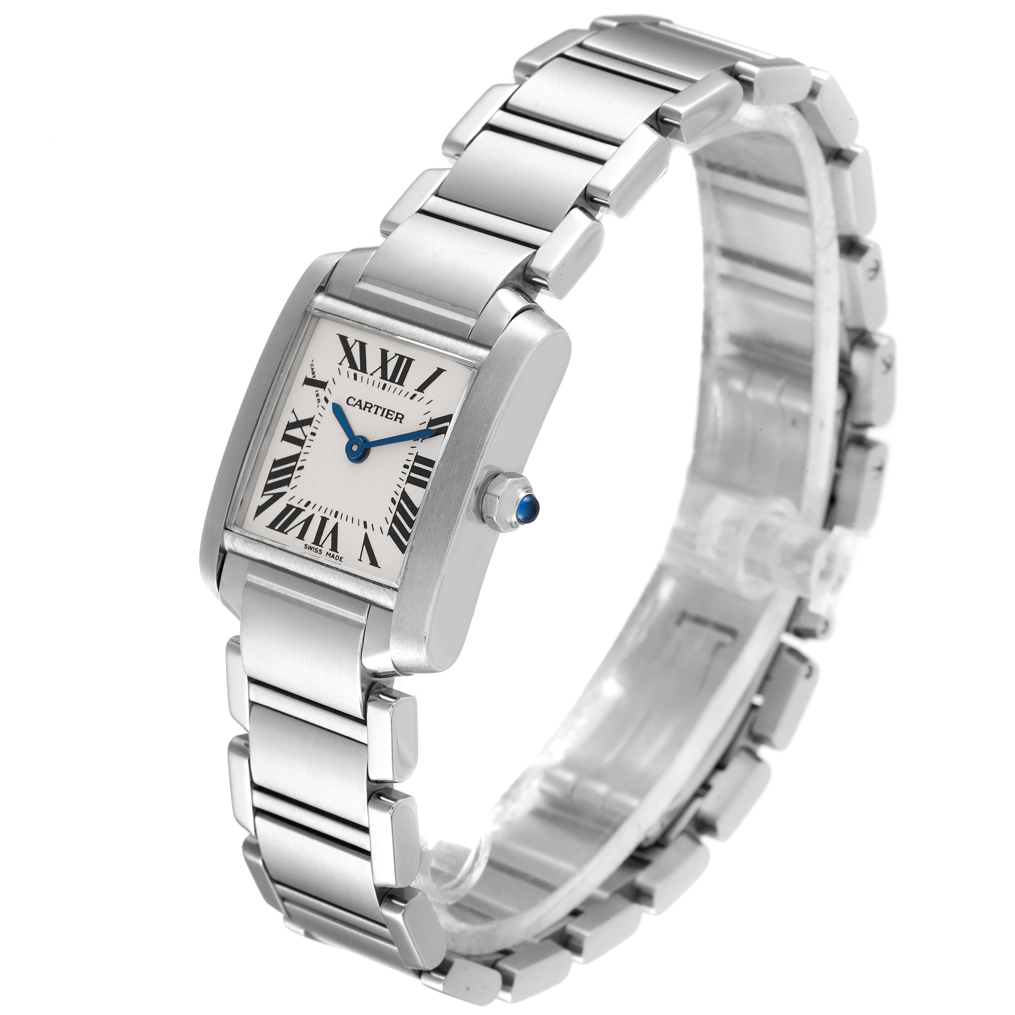 The image shows a Cartier Tank Française watch from a three-quarter angle, displaying the face, bezel, and bracelet in detail.