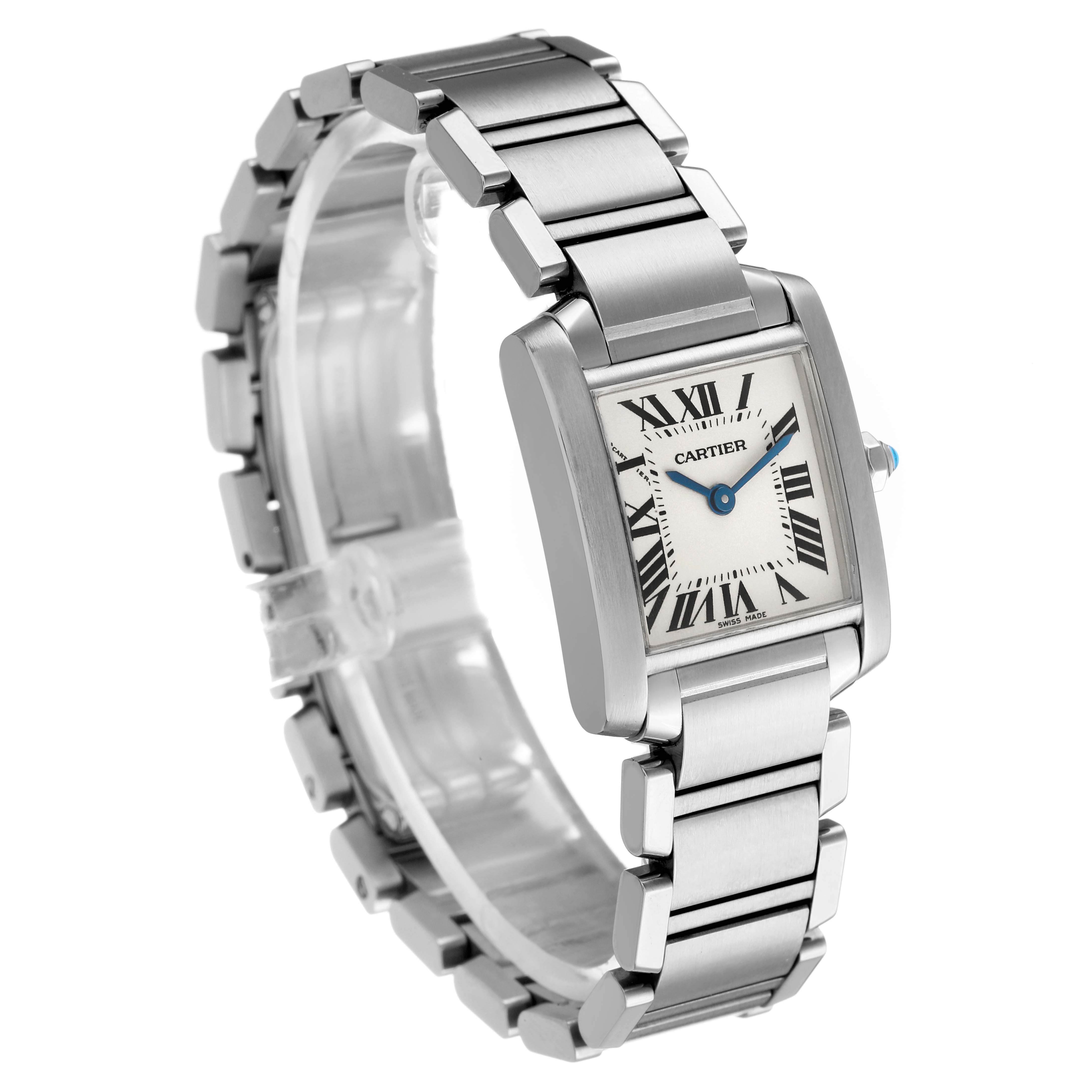 The Cartier Tank Francaise W51008Q3 Women's Stainless Steel Silver Dial watch is shown from a three-quarter angle, highlighting its stainless steel bracelet and rectangular face.