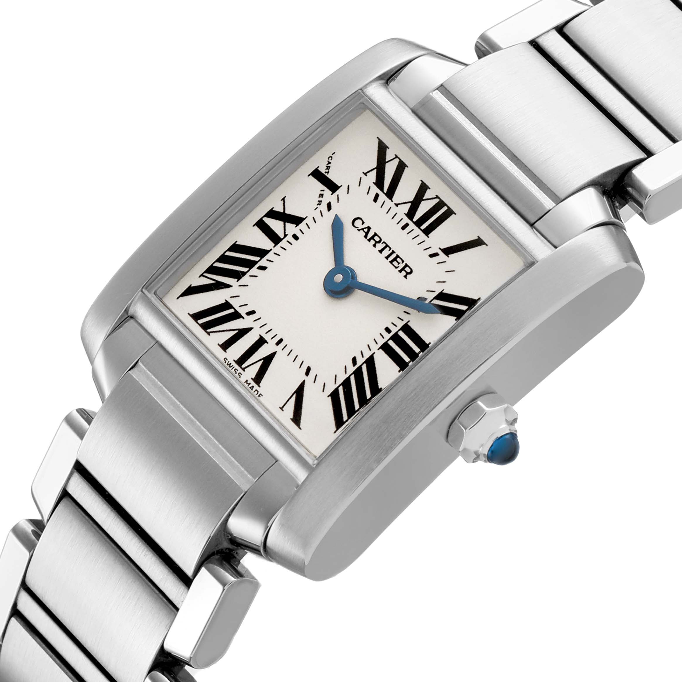 The Cartier Tank Francaise W51008Q3 Women's Stainless Steel Silver Dial watch is shown at a slight angle, highlighting the rectangular face, Roman numerals, and metal bracelet.