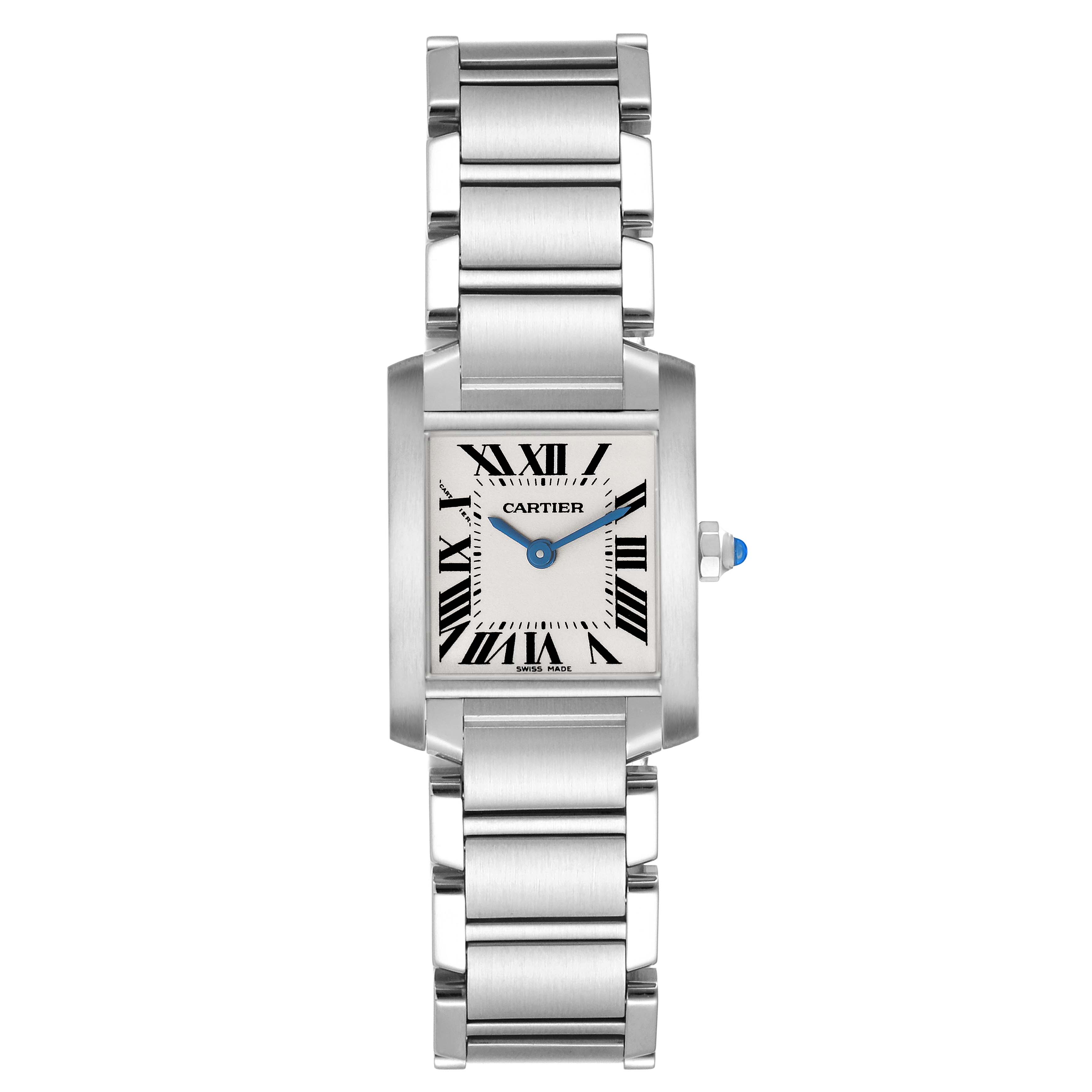 The Cartier Tank Francaise W51008Q3 Women's Stainless Steel Silver Dial watch is shown from a top-down angle, displaying its face, bracelet, and crown.