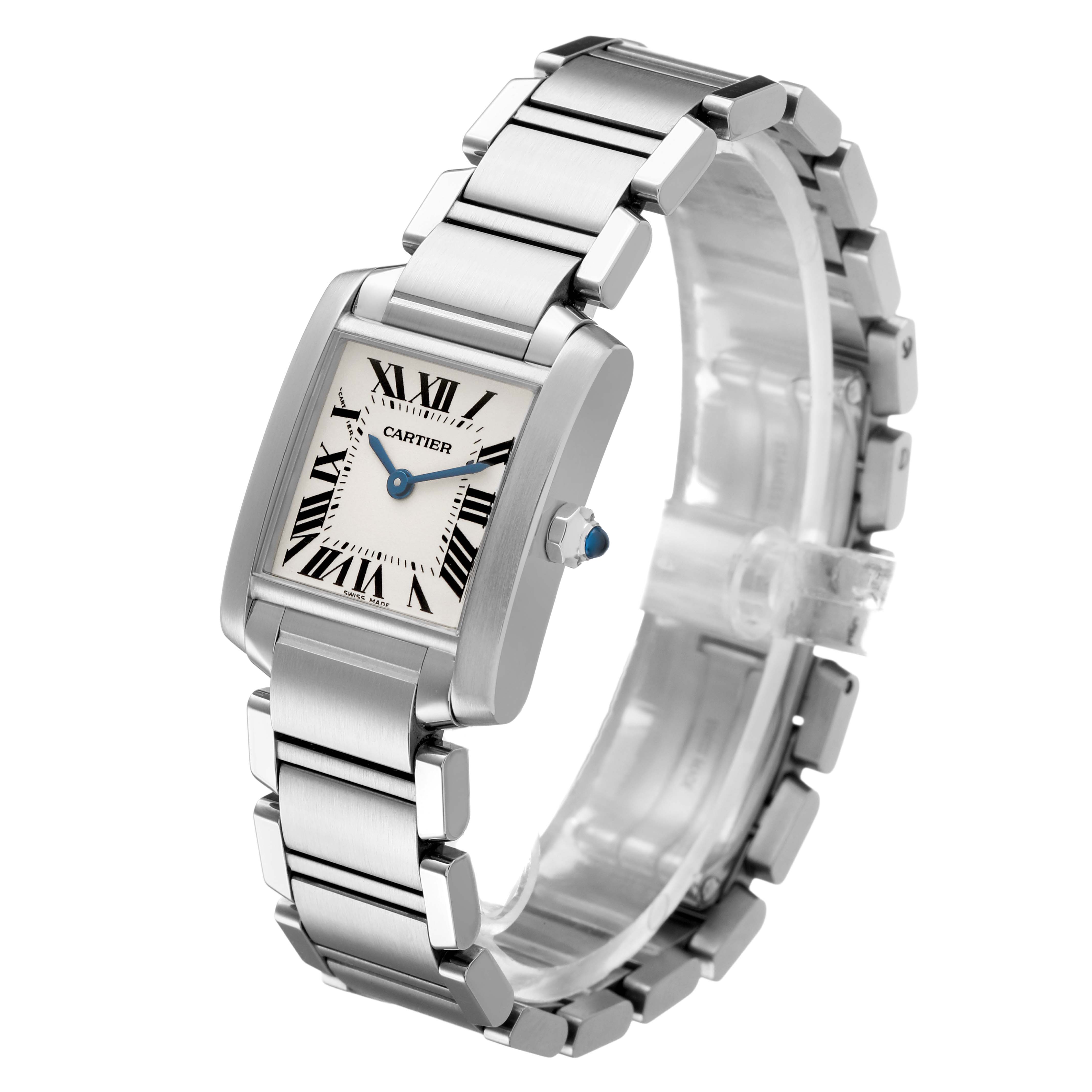 The Cartier Tank Francaise W51008Q3 Women's Stainless Steel Silver Dial watch is shown at an angled view, highlighting the rectangular face, Roman numerals, and metal bracelet.