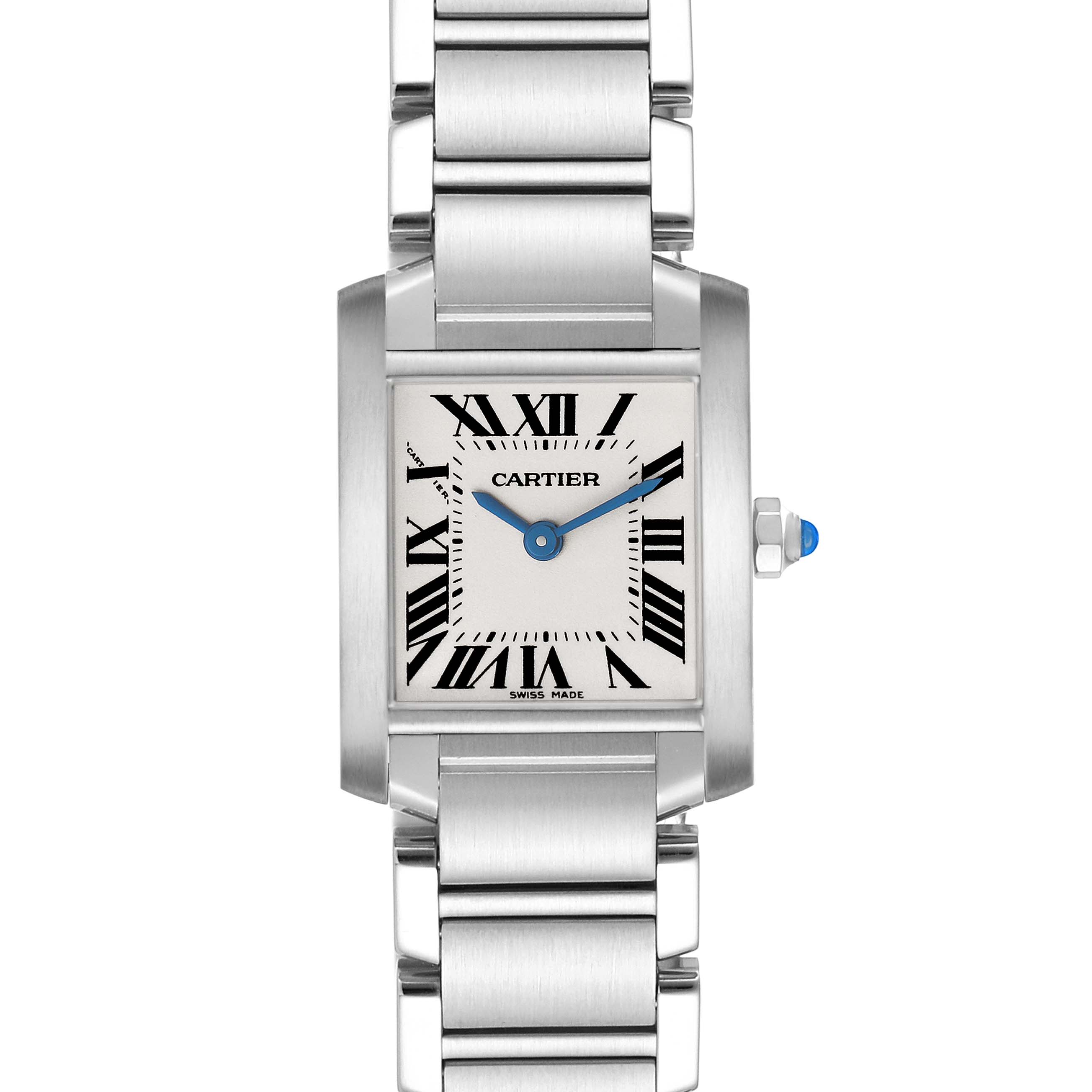 The Cartier Tank Francaise W51008Q3 Women's Stainless Steel Silver Dial watch is shown from a front angle, displaying its face, bracelet, and crown.
