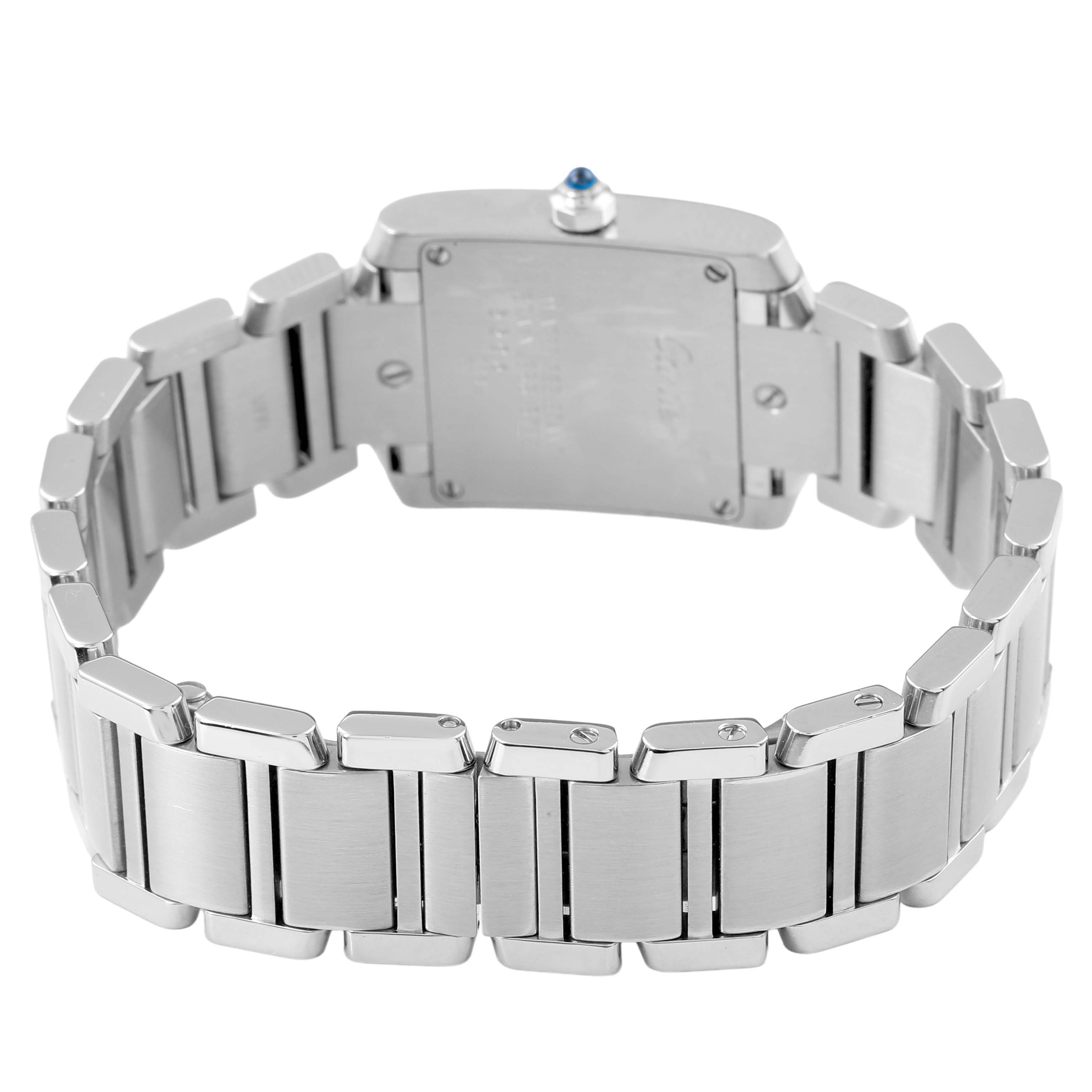 The image shows the back and bracelet of a Cartier Tank Française watch, featuring its metallic links and clasp.