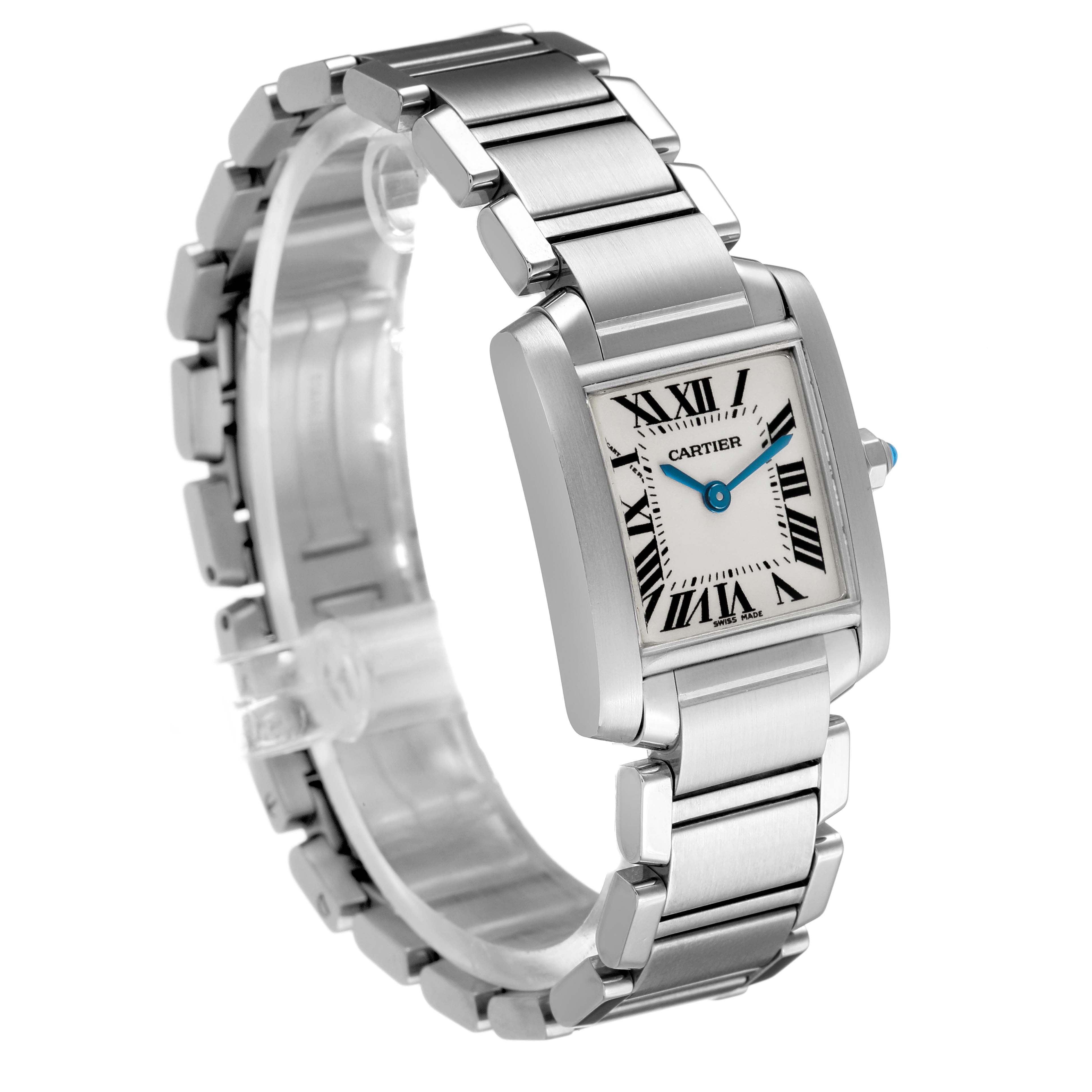 The Cartier Tank Française watch is shown at a three-quarter angle, highlighting its rectangular face and metal bracelet.