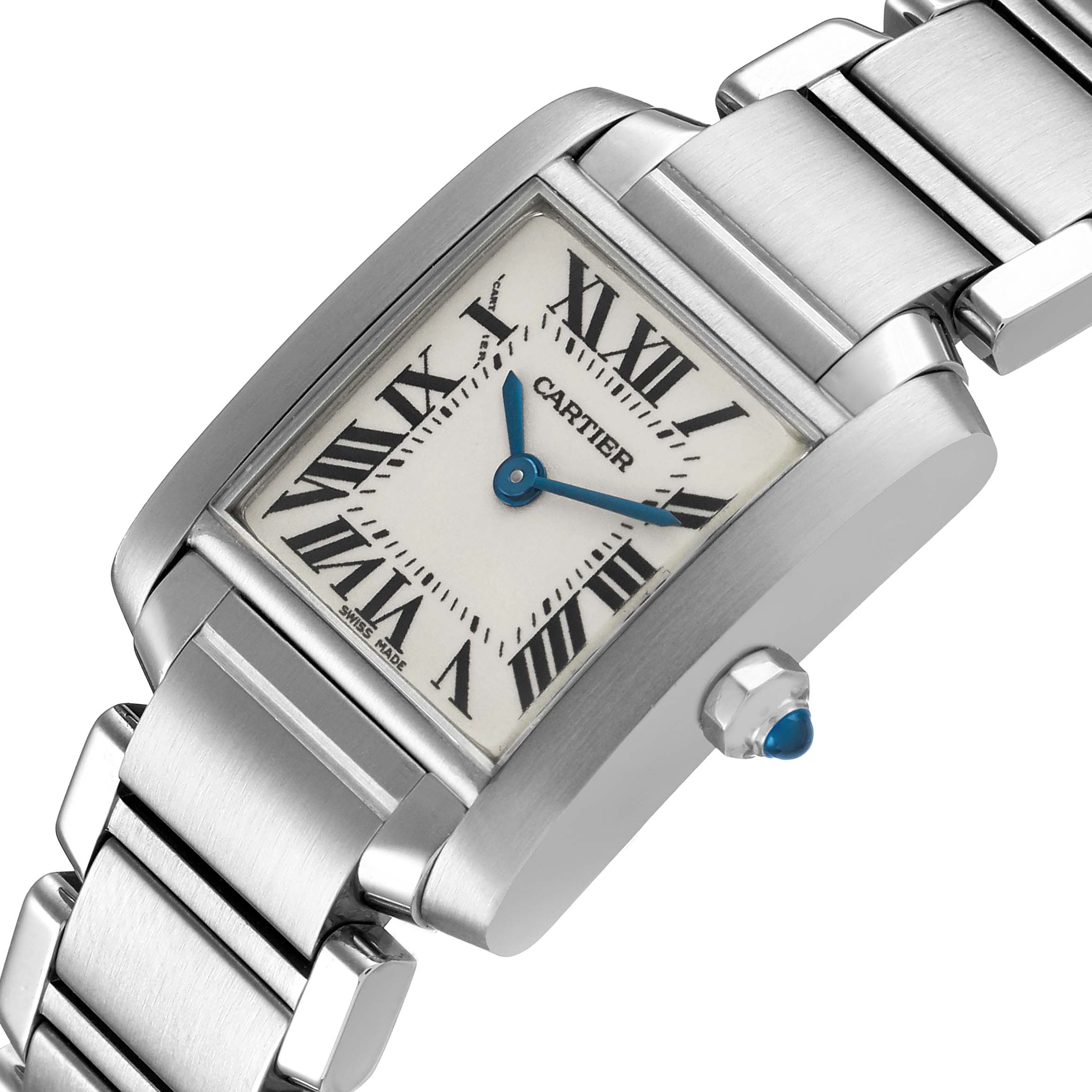The Cartier Tank Française watch is shown at an angled view, highlighting the dial, bezel, crown with a blue cabochon, and part of the bracelet.