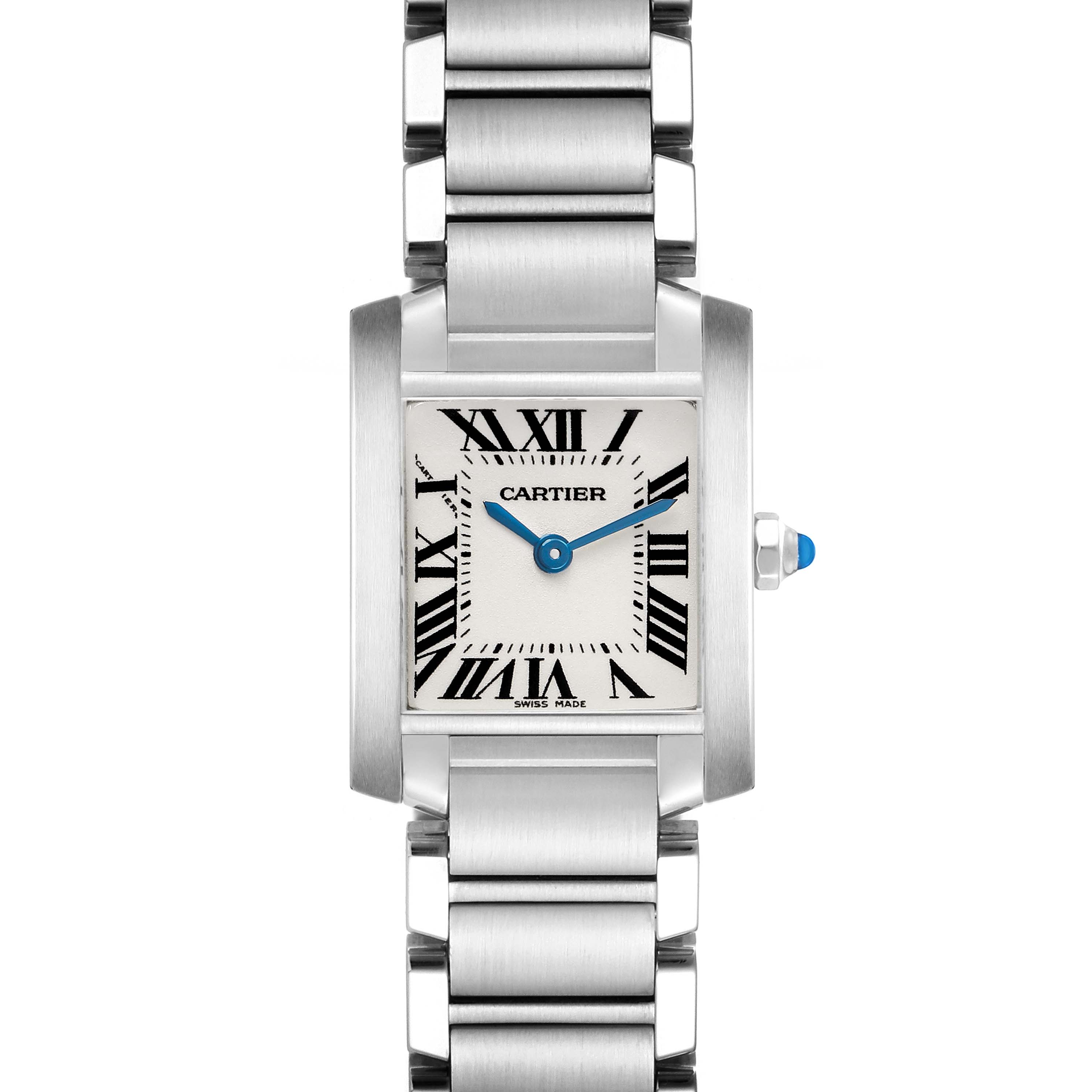 The Cartier Tank Française watch is shown from a direct front angle, displaying its square dial, Roman numerals, and metal bracelet.