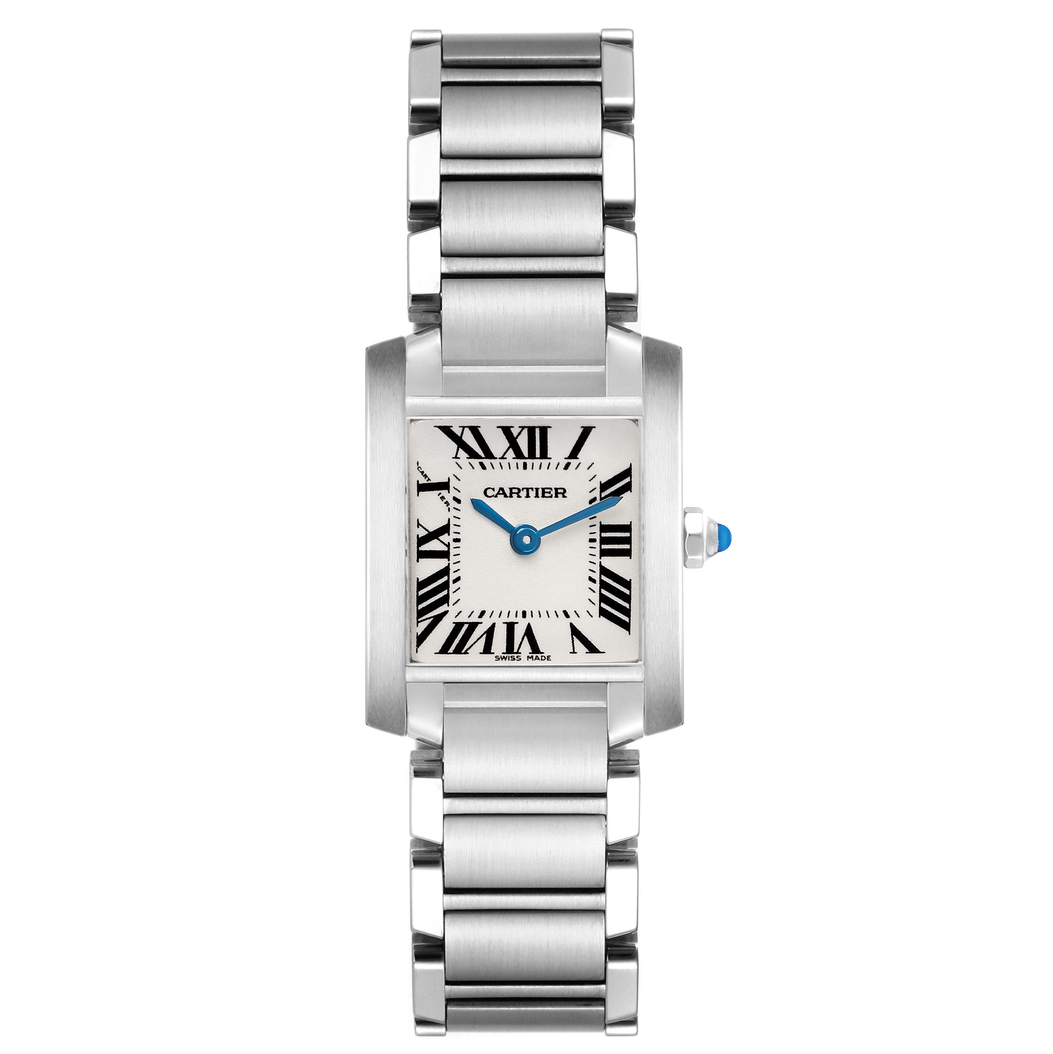 The Cartier Tank Francaise W51008Q3 Women's Stainless Steel Silver Dial watch is shown from the front, highlighting its rectangular face, Roman numerals, and metal bracelet.