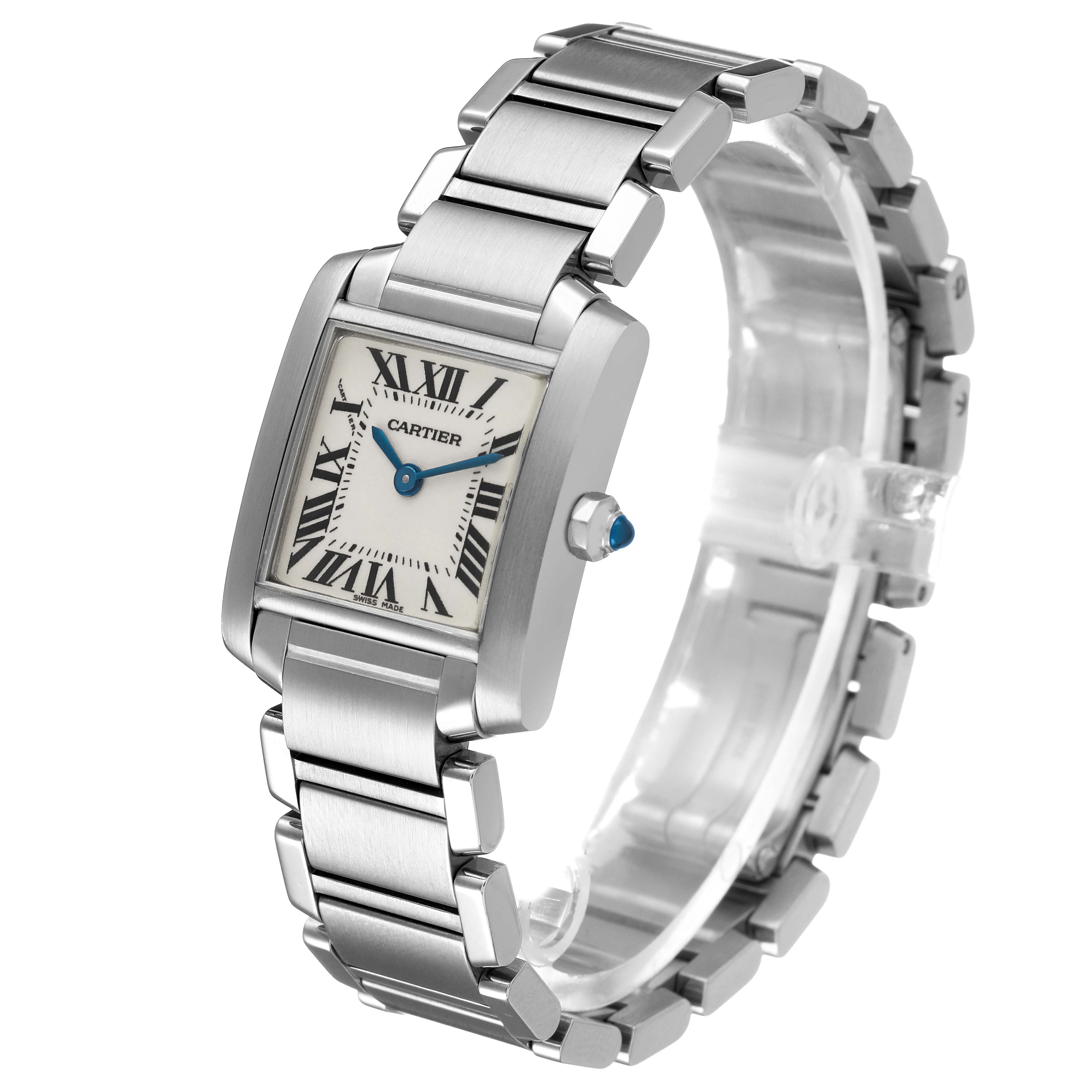 The Cartier Tank Francaise W51008Q3 Women's Stainless Steel Silver Dial watch is shown at a three-quarter angle, displaying the face, crown, and metal bracelet.