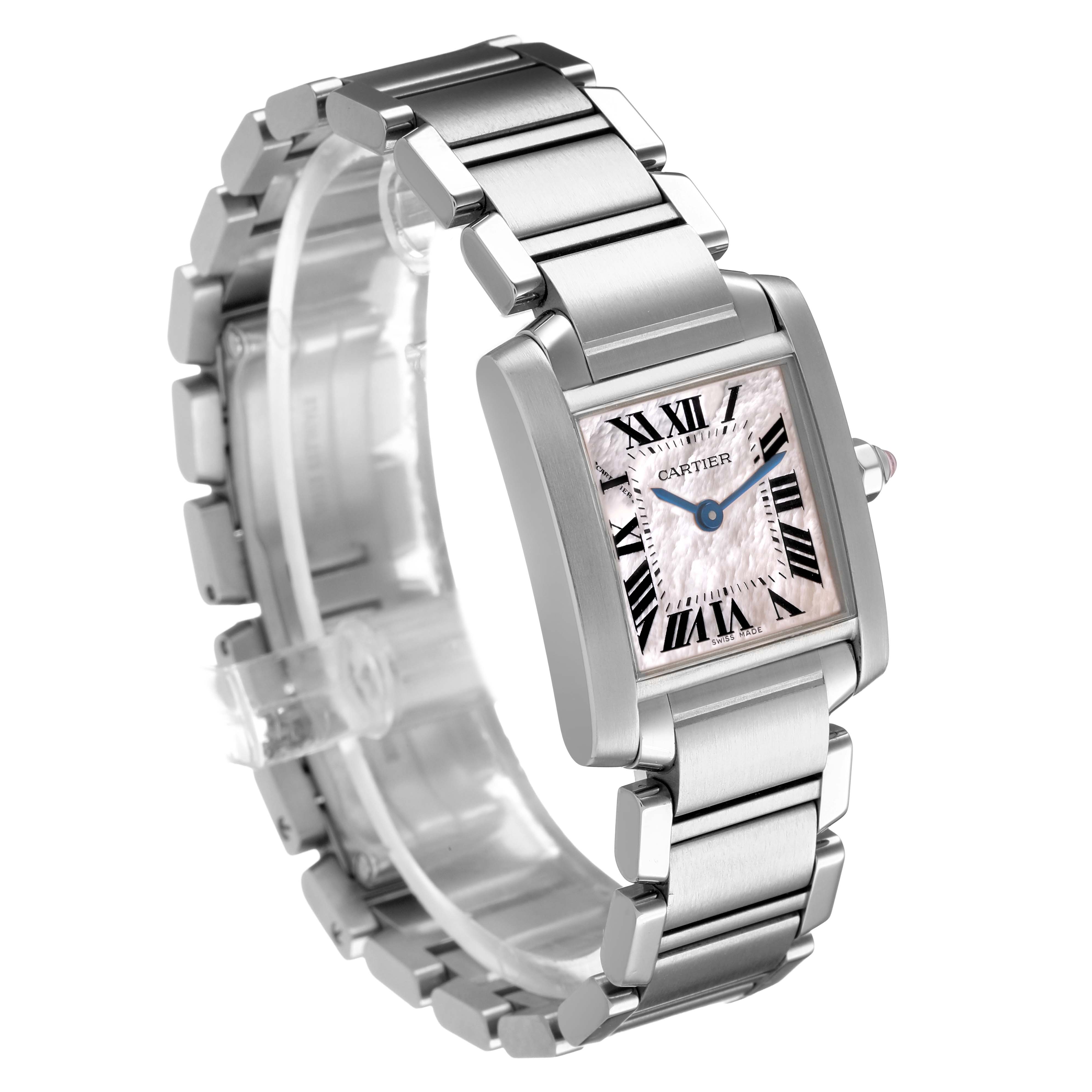 The Cartier Tank Française watch is shown at a three-quarter angle, highlighting its rectangular dial and stainless steel bracelet.
