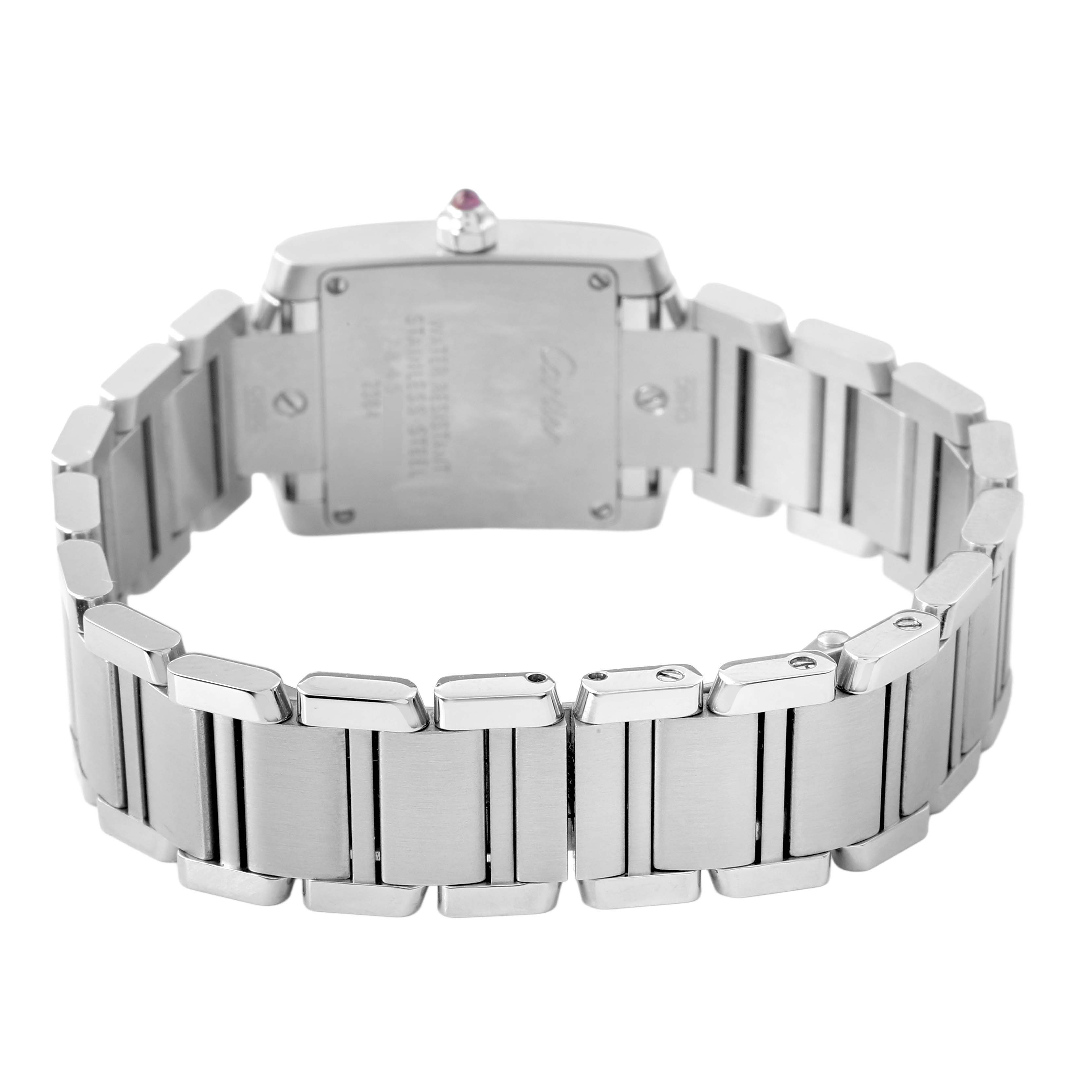 The image shows a Cartier Tank Francaise W51028Q3 Women's Stainless Steel Pink Dial from the back, highlighting the clasp and stainless steel bracelet.