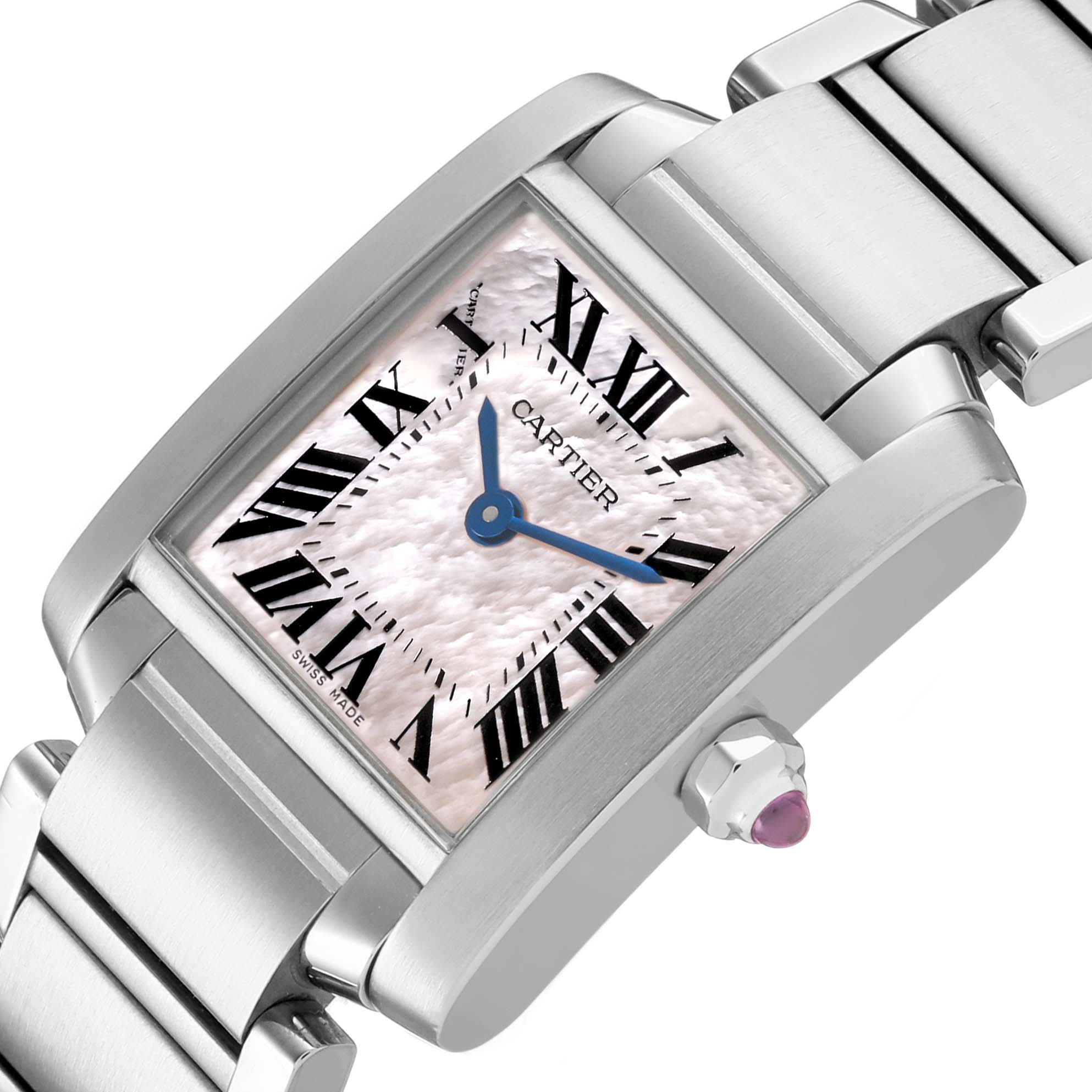 The Tank Française by Cartier is shown from an angled close-up, highlighting the face, crown with a jewel, and part of the bracelet.