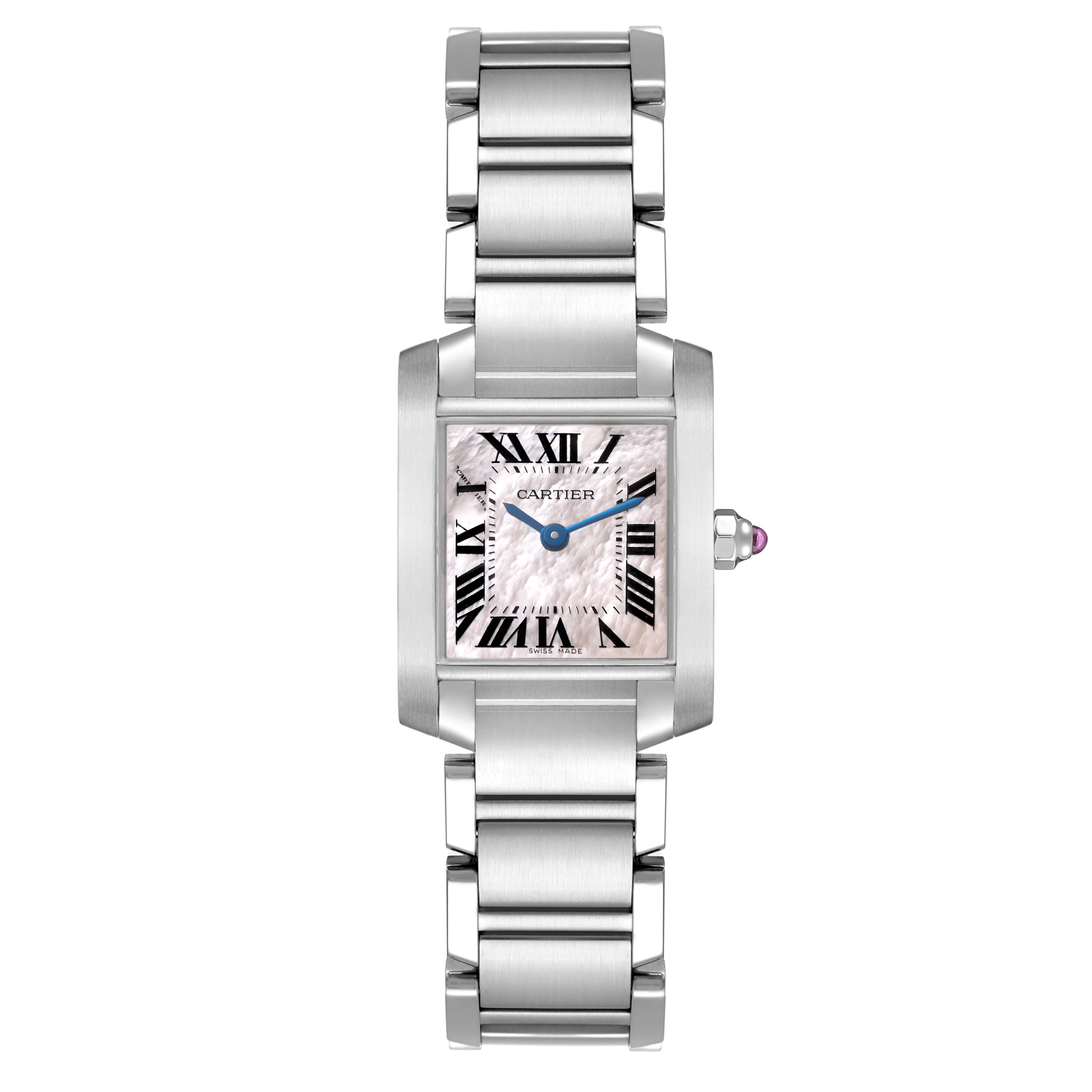 The Cartier Tank Francaise W51028Q3 Women's Stainless Steel Pink Dial watch is shown from a front angle, highlighting its square face, Roman numerals, and metal bracelet.