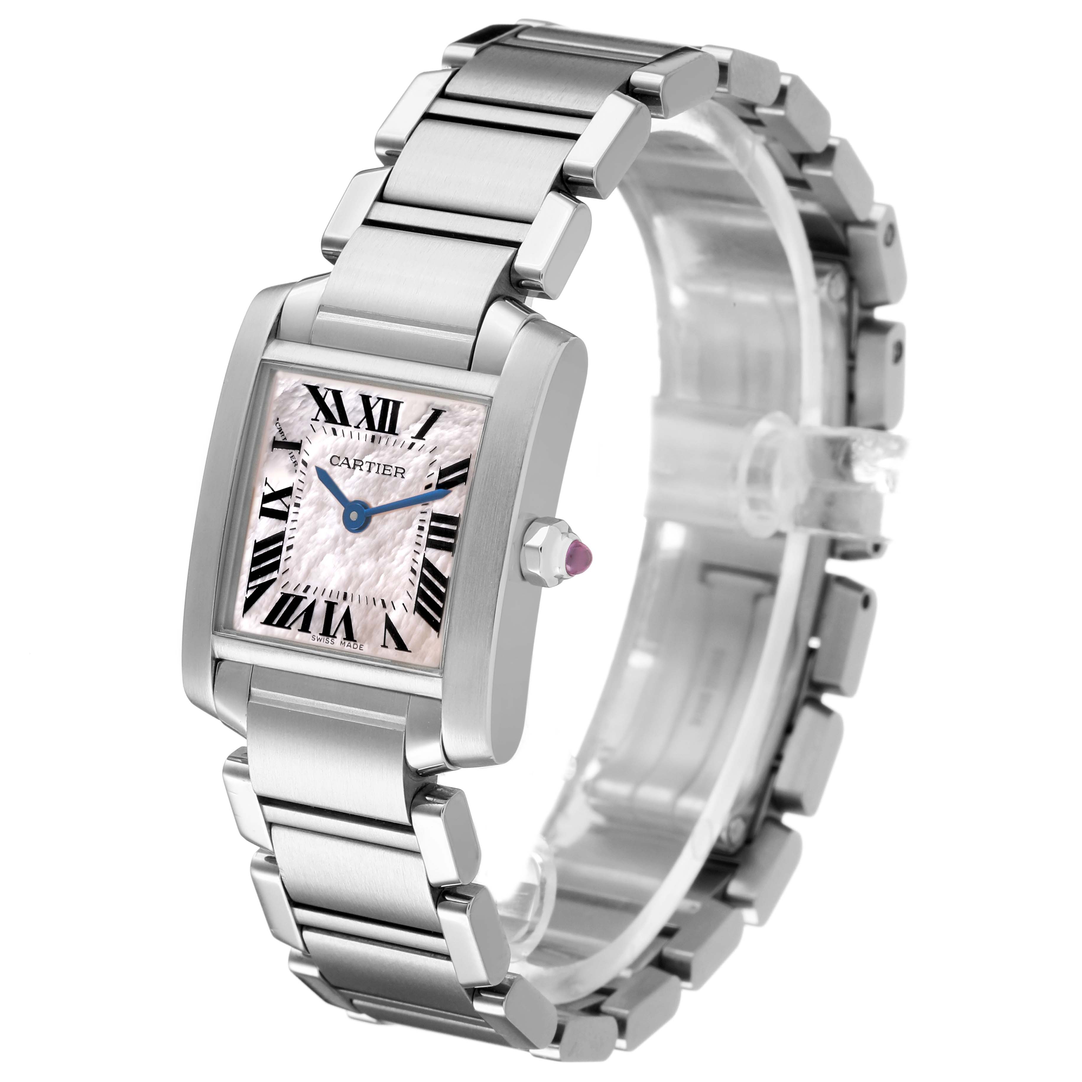 The Cartier Tank Française watch is shown from a front-side angle, displaying the face, bezel, bracelet, and crown.