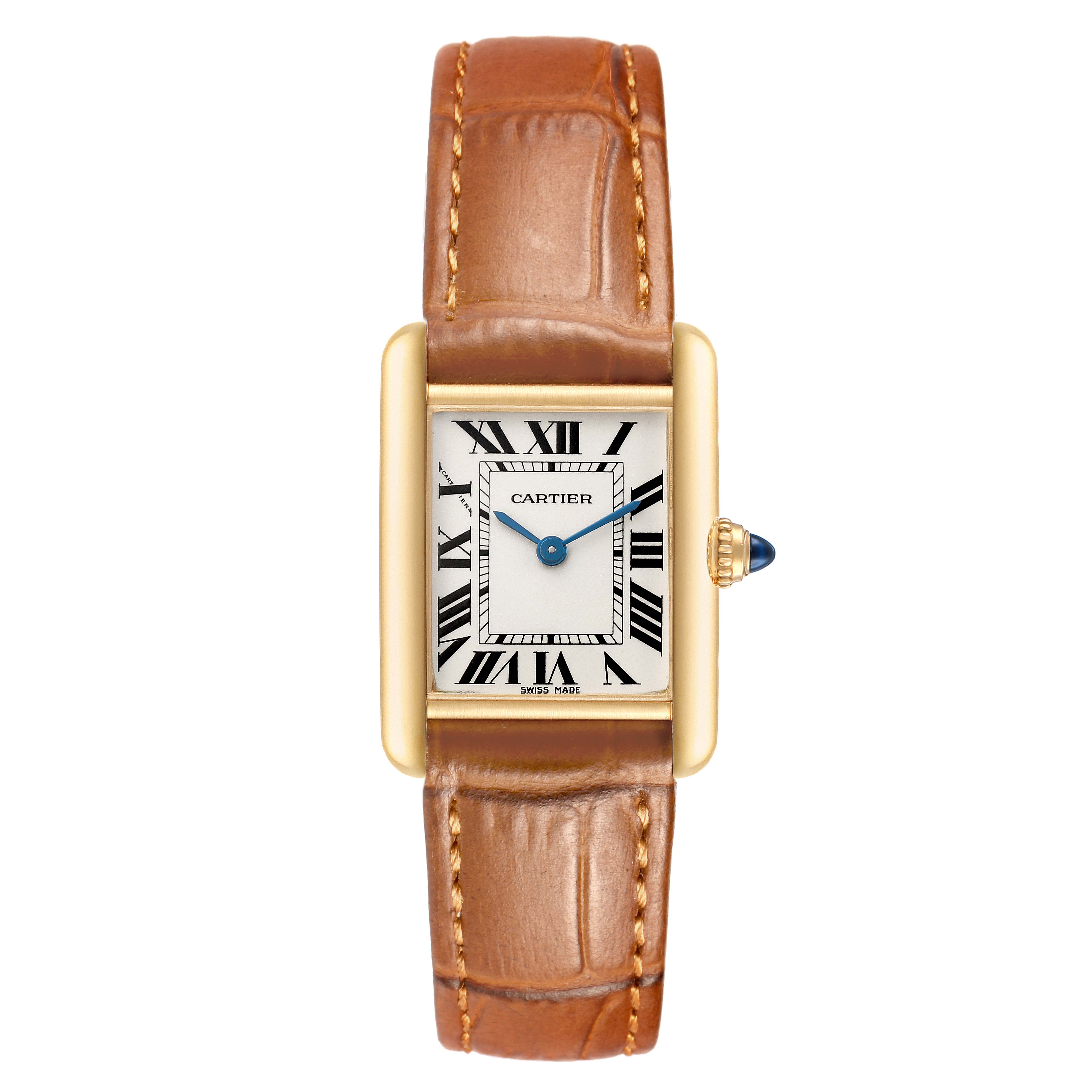 The Cartier Tank Louis W1529856 Women's Yellow Gold Silver Dial watch is shown from a front view, highlighting its gold casing, Roman numeral dial, and brown leather strap.