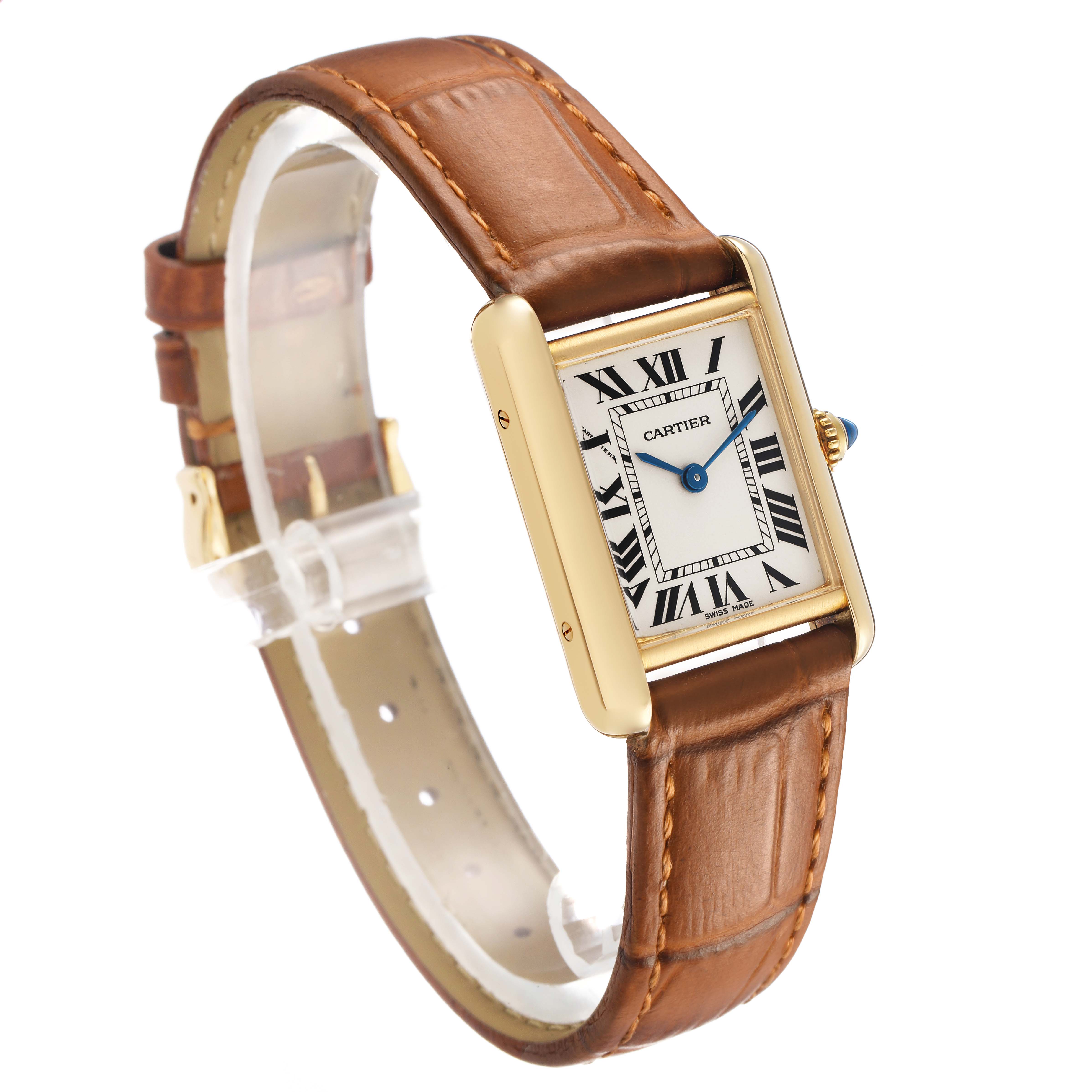 The Cartier Tank Louis W1529856 Women's Yellow Gold Silver Dial watch is shown from a front angle, highlighting its gold case, Roman numeral dial, and brown leather strap.