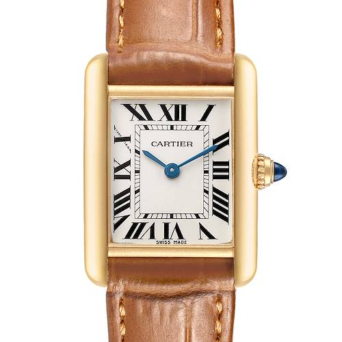 The Cartier Tank Louis W1529856 Women's Yellow Gold Silver Dial watch is shown from a top-down angle, displaying the face, Roman numerals, and leather strap.