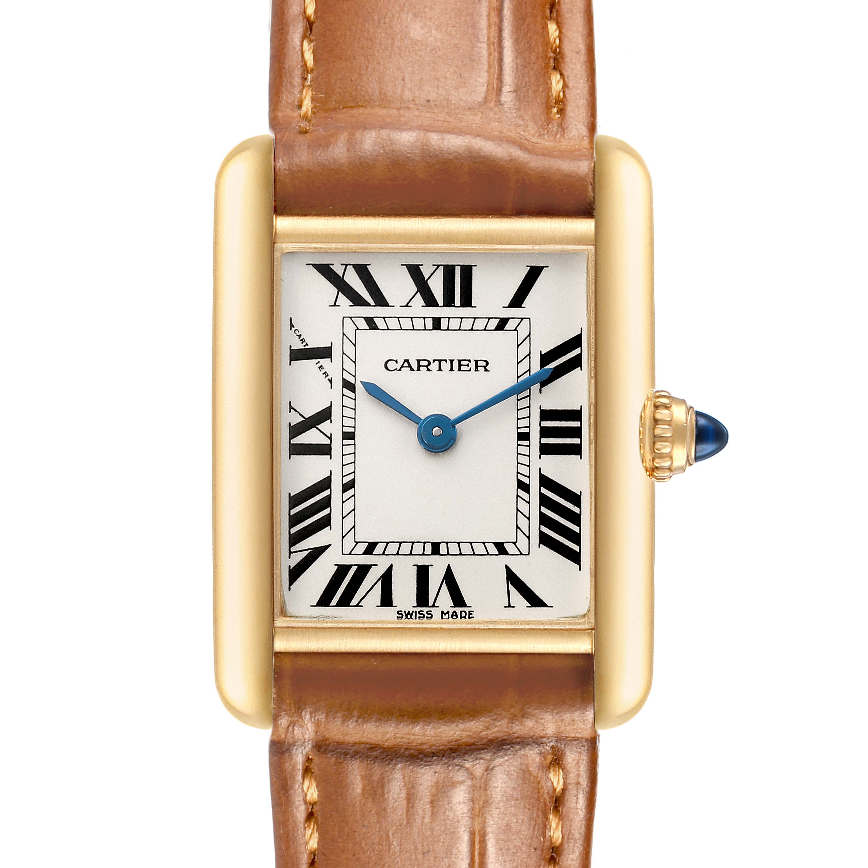 The image shows a front view of a Cartier Tank Louis W1529856 Women's Yellow Gold Silver Dial watch, highlighting the gold case, Roman numeral dial, and brown leather strap.
