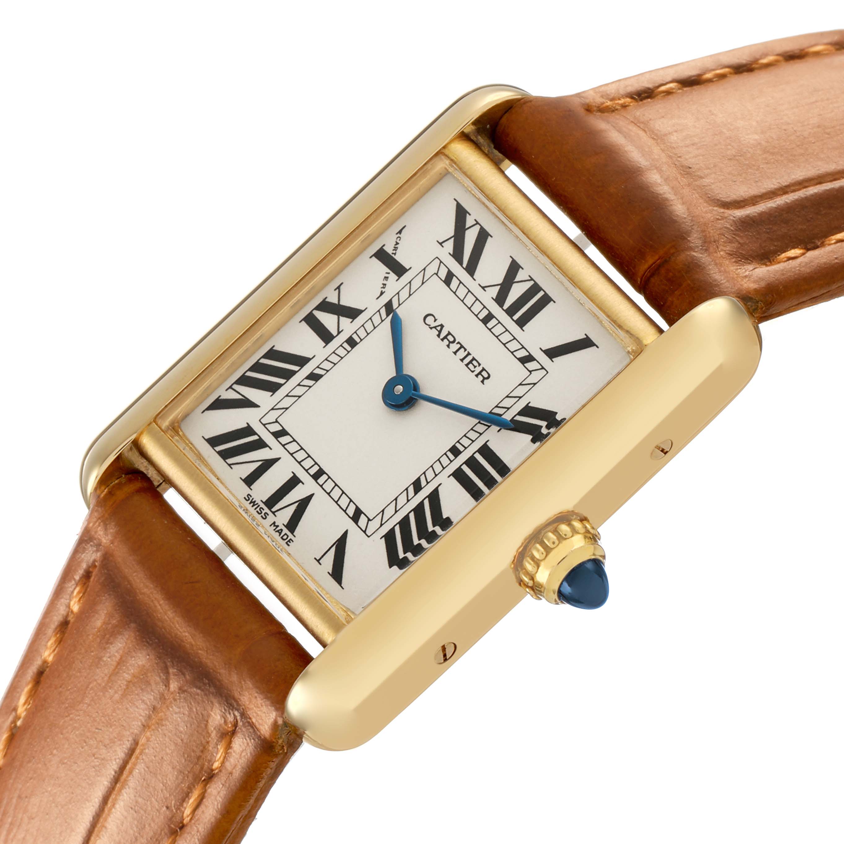 The Cartier Tank Louis W1529856 Women's Yellow Gold Silver Dial watch is shown at an angle highlighting its rectangular case, crown with blue cabochon, and leather strap.