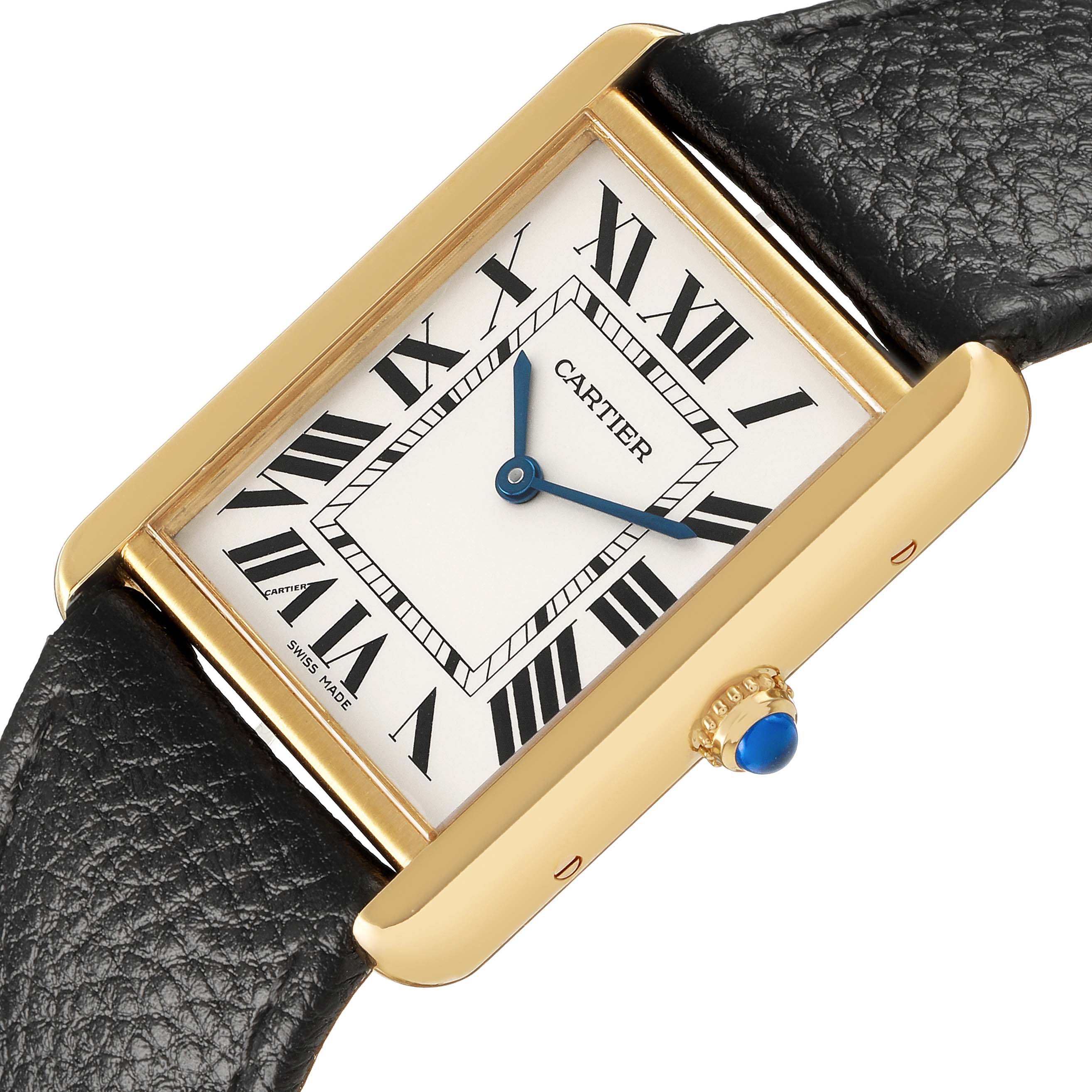 The Cartier Tank Solo W5200004 Men's Yellow Gold Red Dial watch is shown at a slight angle, highlighting its rectangular face, Roman numerals, and gold casing with a leather strap.
