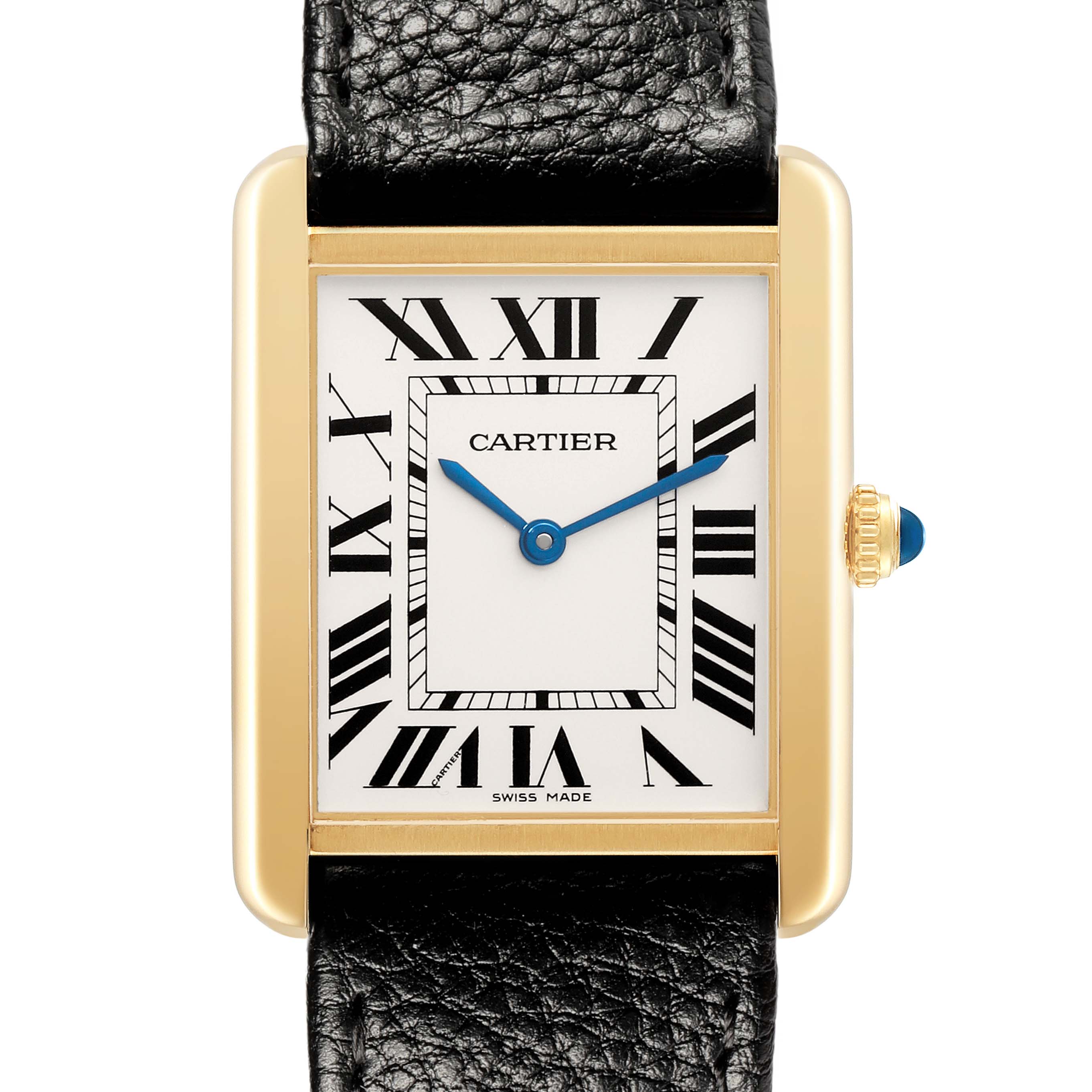 The Cartier Tank Solo W5200004 Men's Yellow Gold Red Dial watch is shown from a front view highlighting its dial, gold case, and black leather strap.
