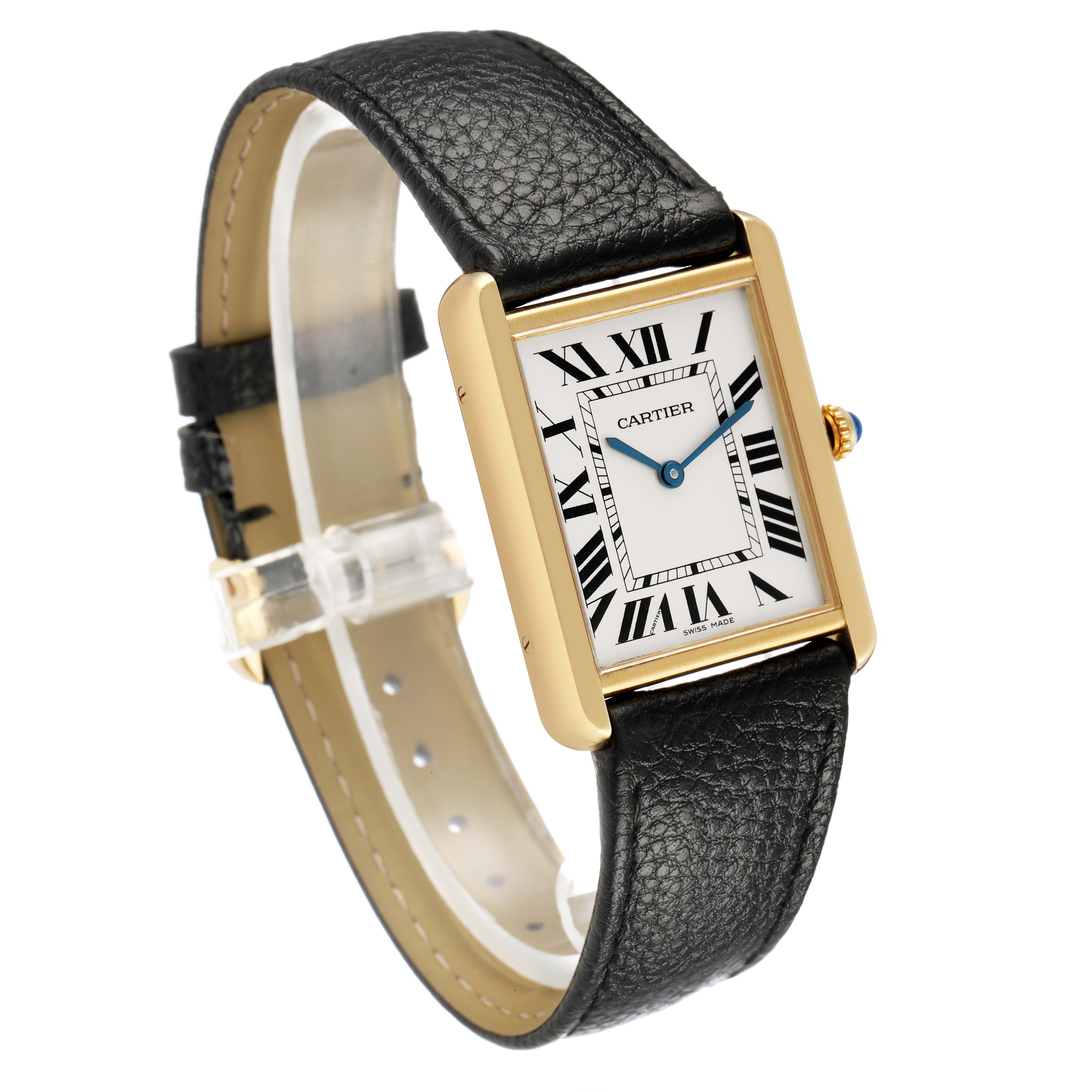 The Cartier Tank Solo W5200004 Men's Yellow Gold Red Dial watch is displayed at a slightly tilted angle, showing the rectangular face, Roman numerals, leather strap, and side crown.