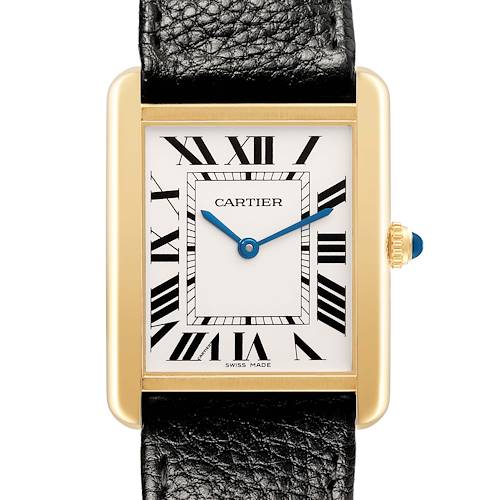 The Cartier Tank Solo W5200004 Men's Yellow Gold Red Dial watch is shown from the front, displaying its rectangular face, Roman numerals, and leather strap.