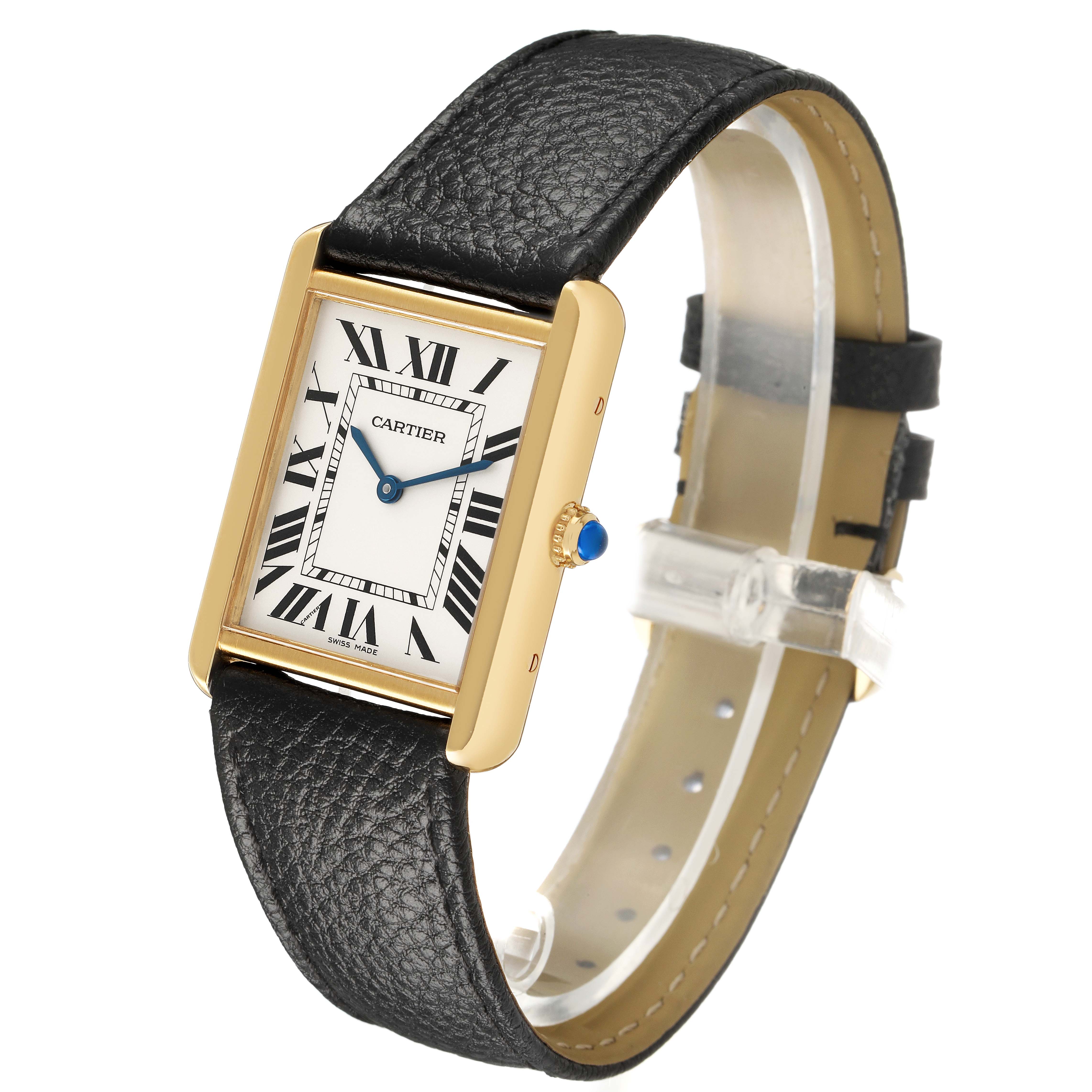 The Cartier Tank Solo W5200004 Men's Yellow Gold Red Dial watch is shown at a slight angle, highlighting its rectangular face, Roman numerals, and black leather strap.