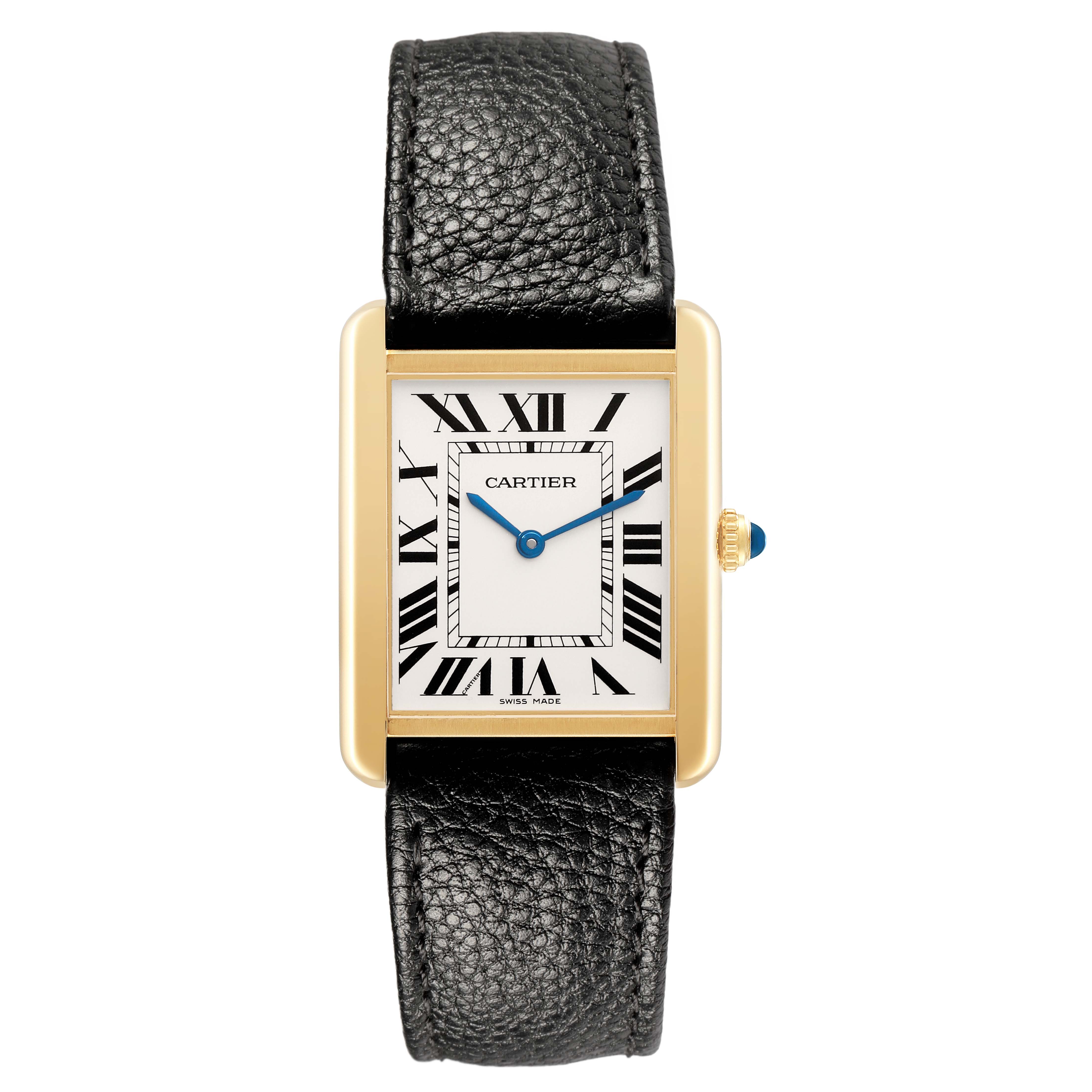 The Cartier Tank Solo W5200004 Men's Yellow Gold Red Dial watch is shown from the front, highlighting its rectangular face, Roman numerals, and black leather strap.