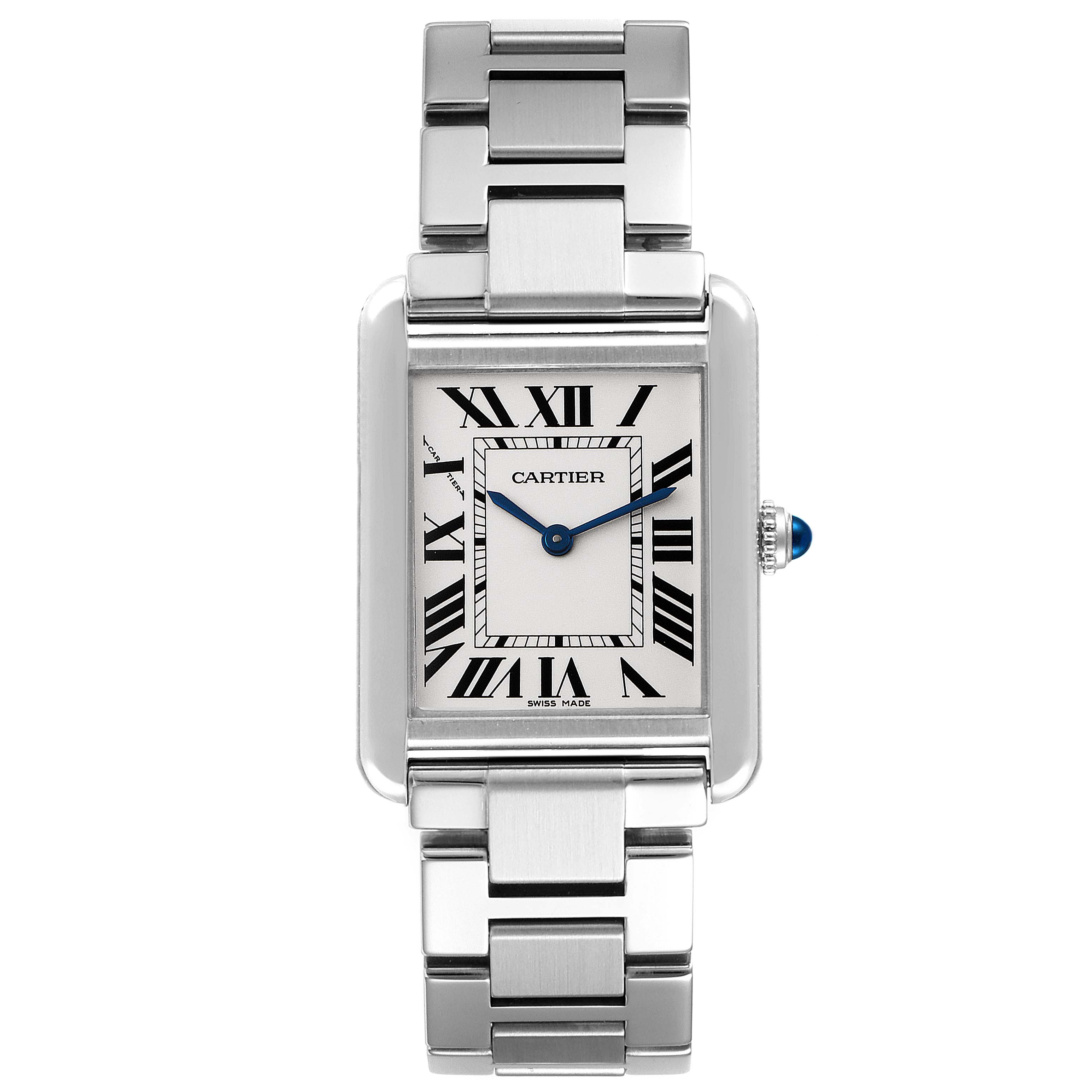 This image shows a front view of a Cartier Tank Solo W5200013 Women
s Stainless Steel Silver Dial W5200013 Women
s Stainless Steel Silver Dial watch with a rectangular face and stainless steel bracelet.