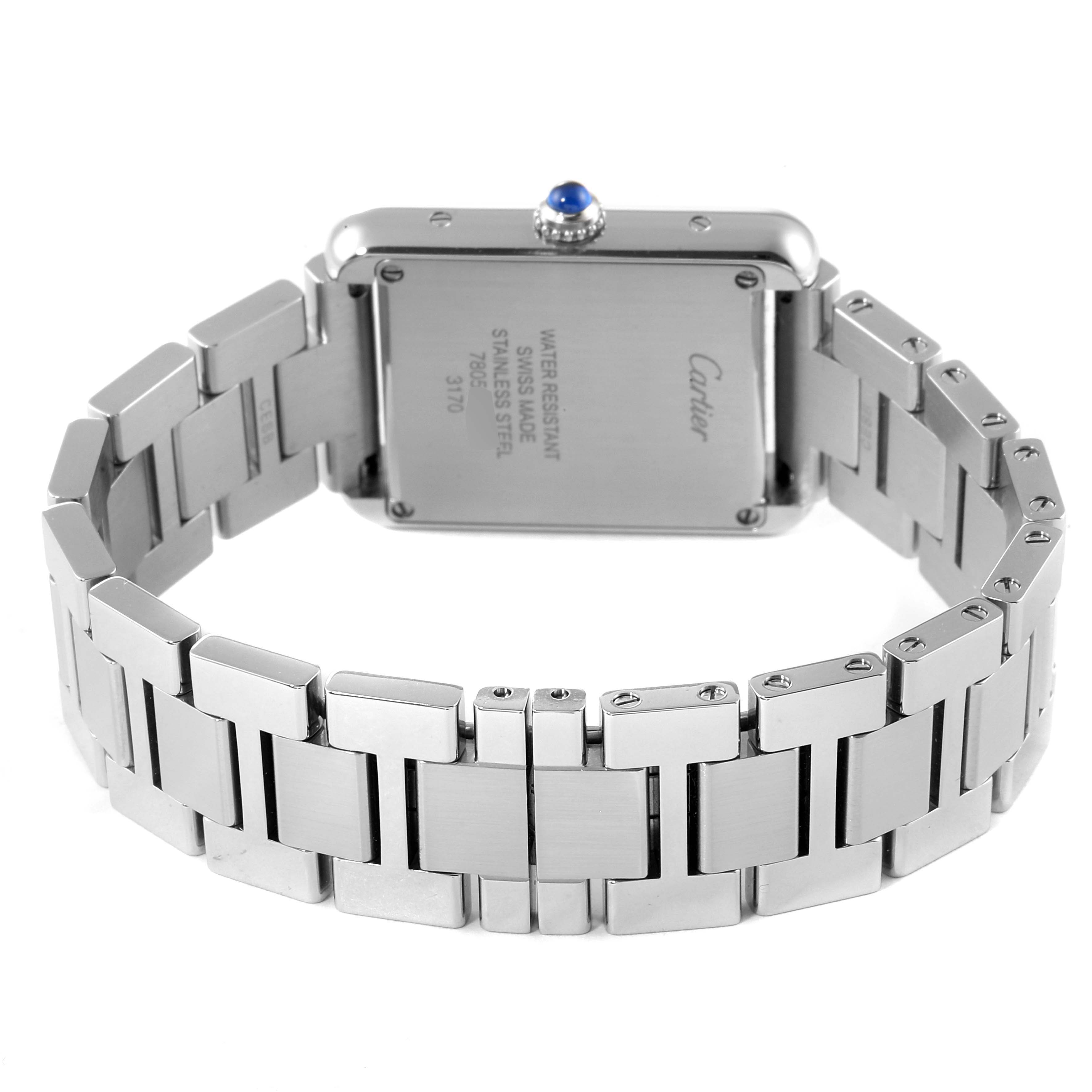 The image shows the back view of a Cartier Tank Solo W5200013 Women
s Stainless Steel Silver Dial W5200013 Women
s Stainless Steel Silver Dial watch, highlighting the stainless steel case and bracelet.