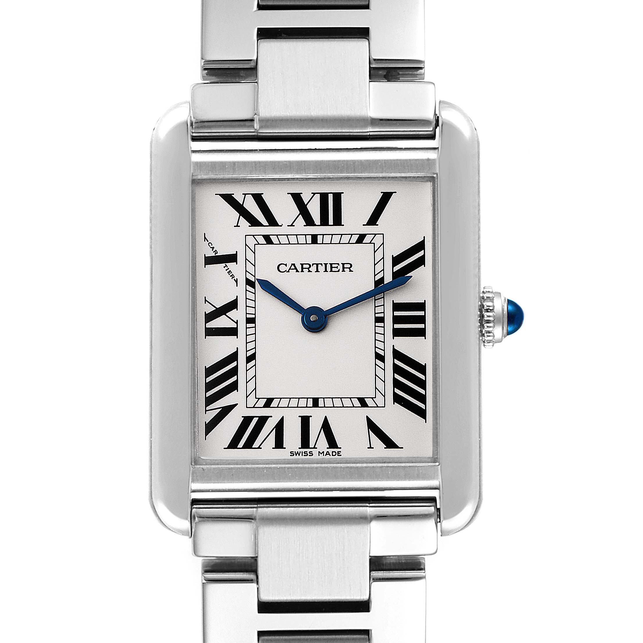 The image shows a frontal view of the Cartier Tank Solo W5200013 Women
s Stainless Steel Silver Dial W5200013 Women
s Stainless Steel Silver Dial watch, displaying its face, hands, bracelet, and crown.