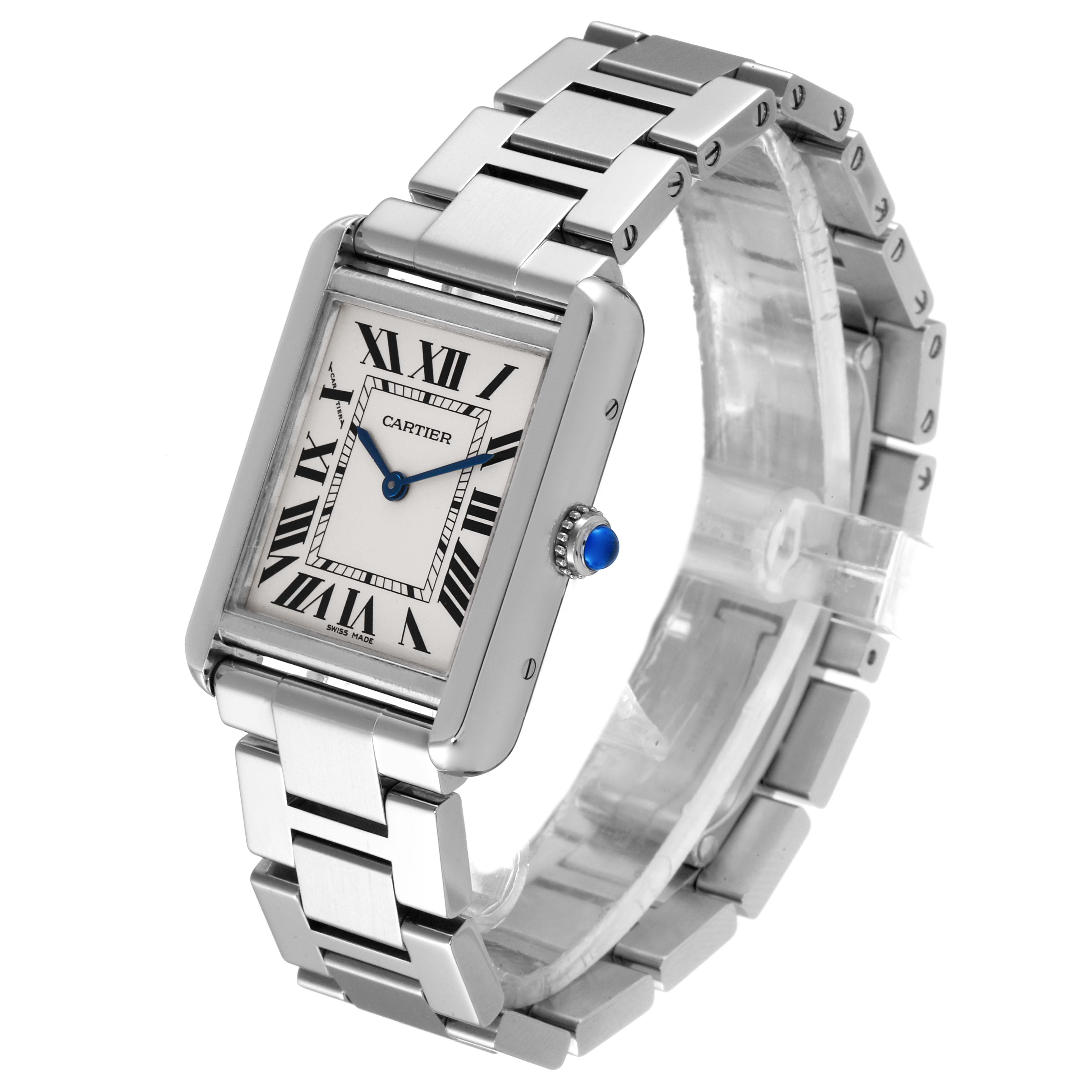 The image shows a Cartier Tank Solo W5200013 Women
s Stainless Steel Silver Dial W5200013 Women
s Stainless Steel Silver Dial watch from an oblique front angle, highlighting the dial, case, and bracelet.