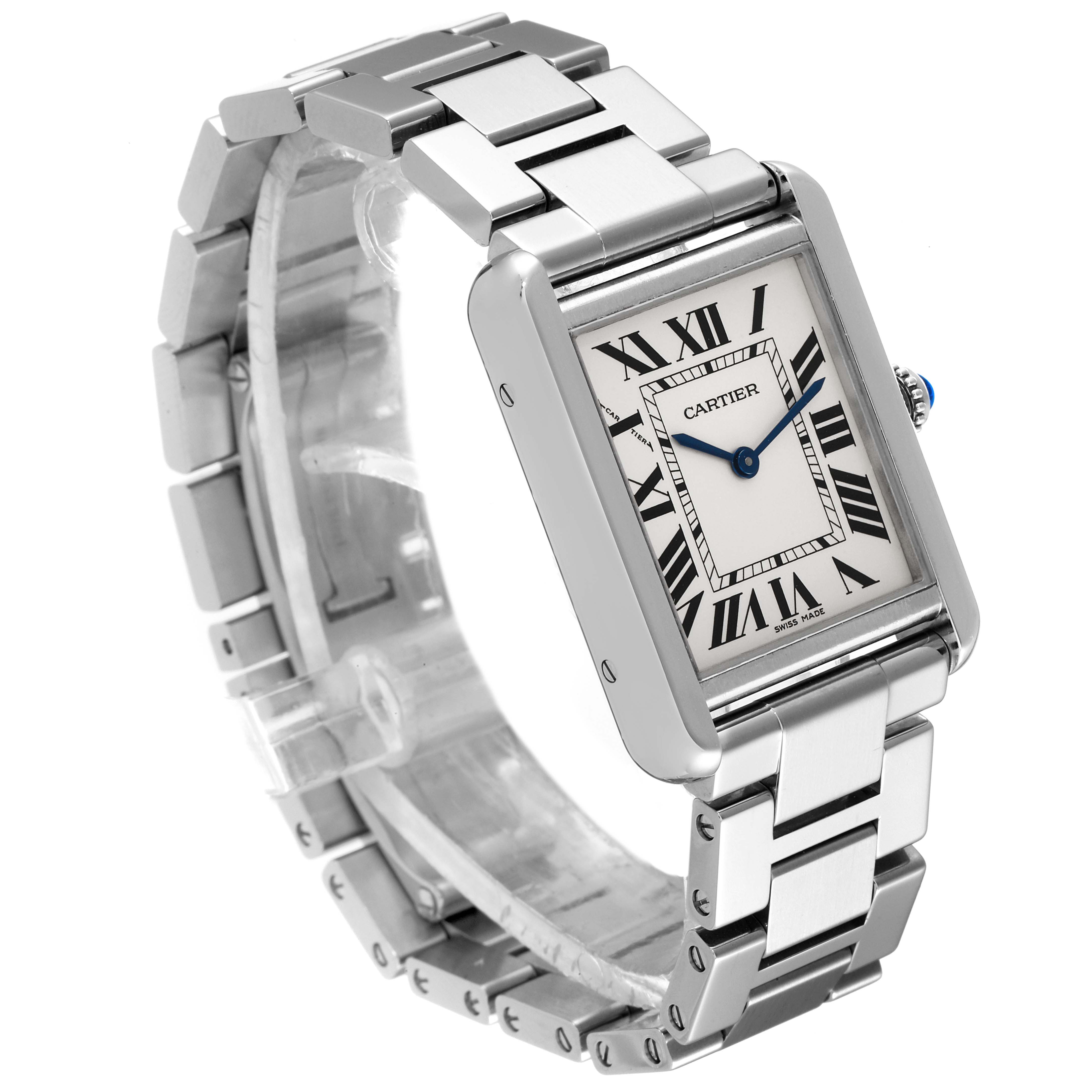 This image shows a Cartier Tank Solo W5200013 Women
s Stainless Steel Silver Dial W5200013 Women
s Stainless Steel Silver Dial watch at a 3/4 angle, highlighting its face, bracelet, and crown.